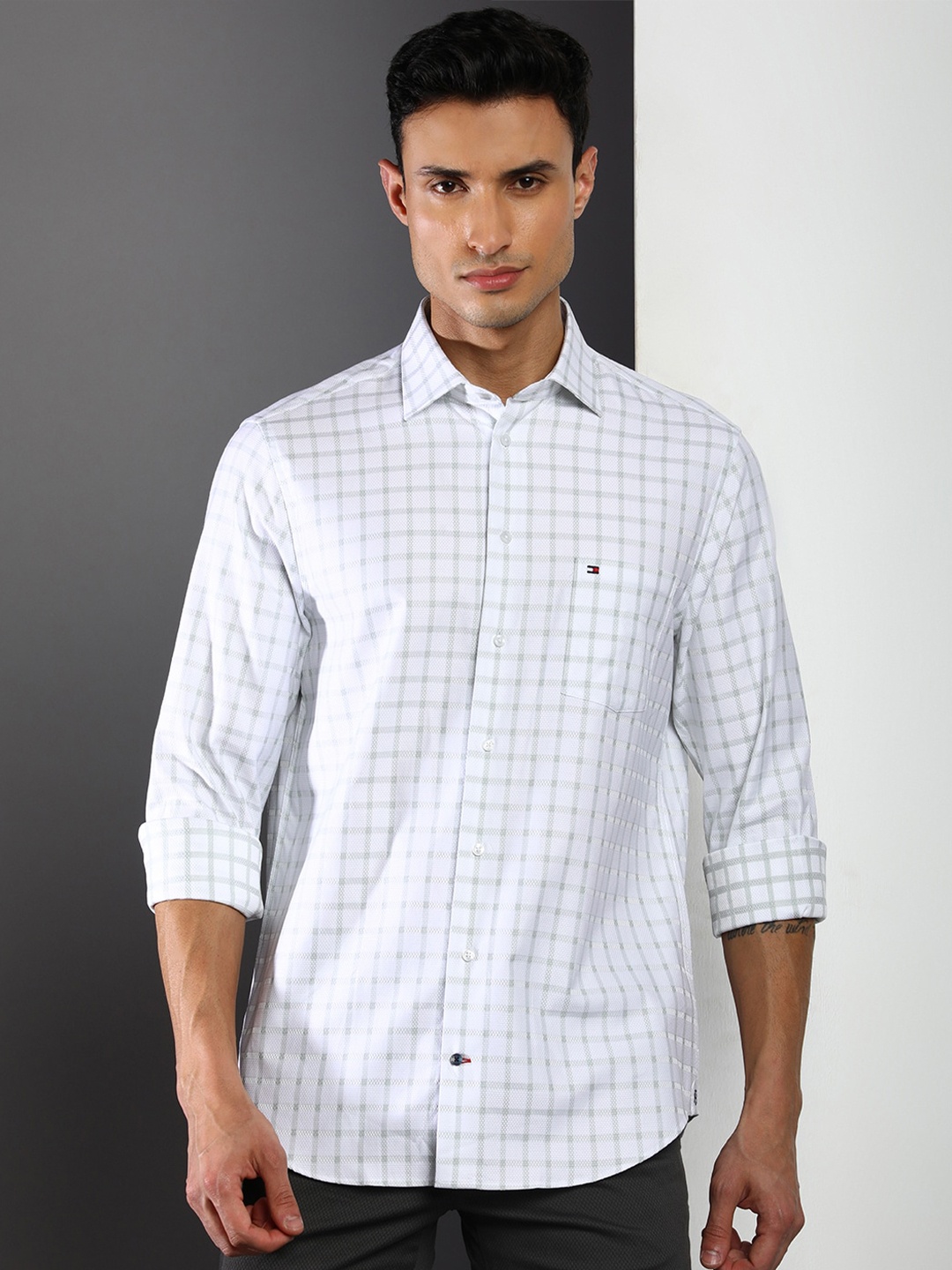 

Tommy Hilfiger Grid Tattersall Checked Casual Cotton Shirt, White