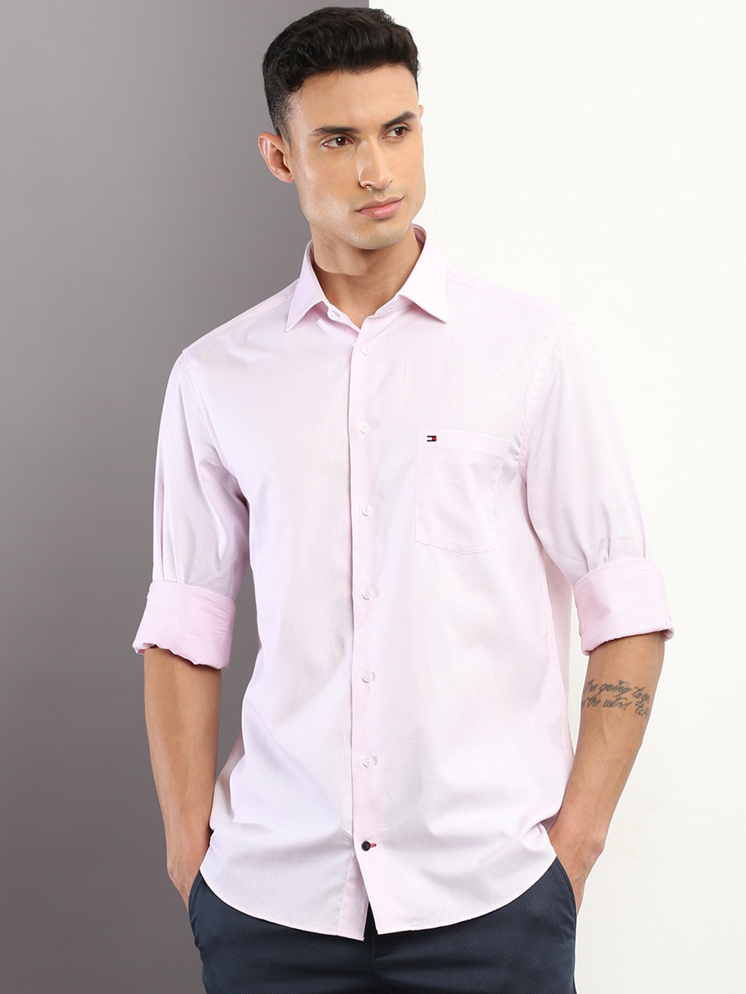

Tommy Hilfiger Textured Spread Collar Long Sleeves Cotton Formal Shirt, Pink