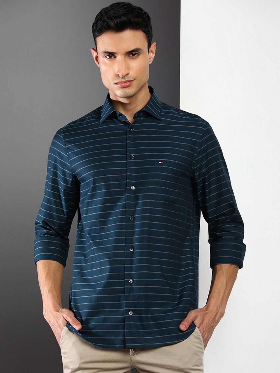 

Tommy Hilfiger Horizontal Striped Casual Cotton Shirt, Navy blue