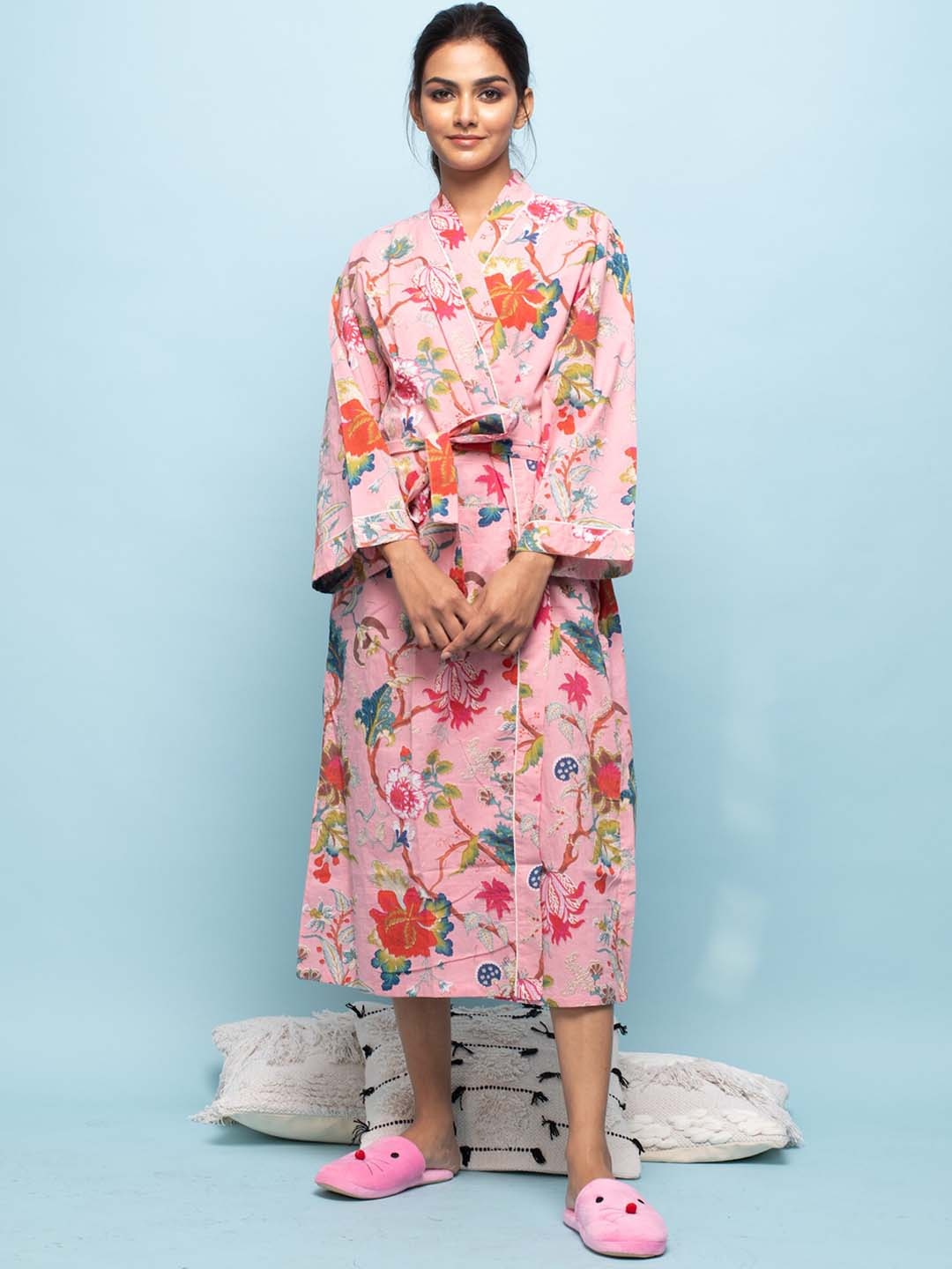 

Sanskrutihomes Floral Printed Cotton Cover-Up Robe, Pink