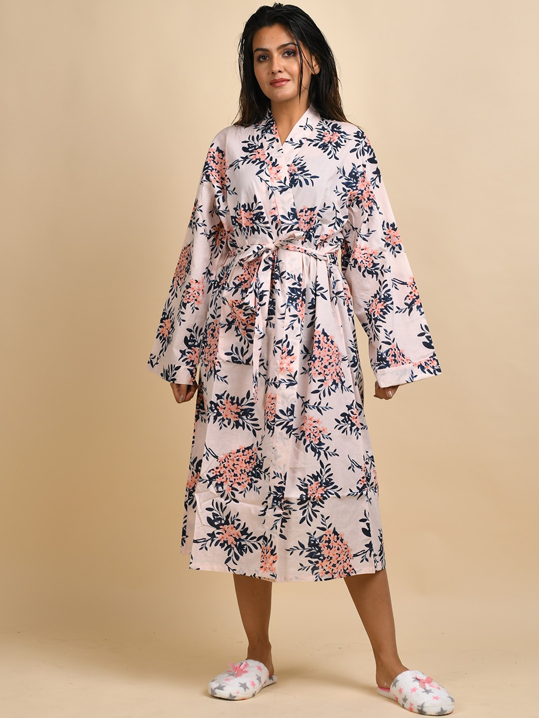 

SANSKRUTIHOMES Women Floral Printed Cotton Cover-Up Robe with a Belt, Pink