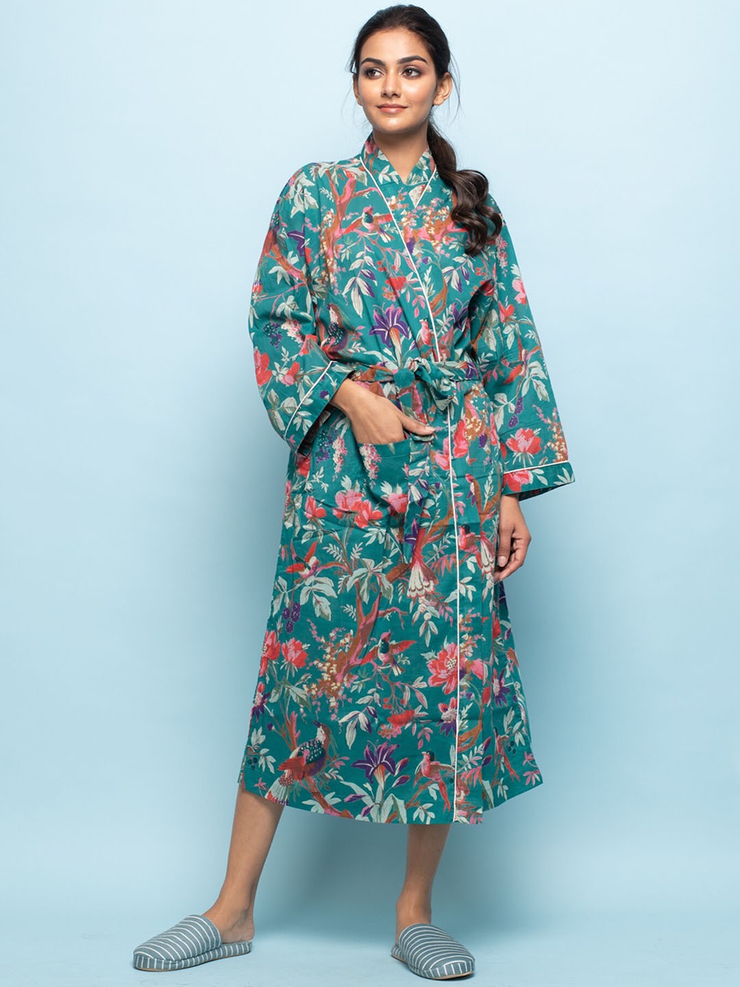 

Sanskrutihomes Women Floral Printed Cotton Cover-Up Robe, Sea green