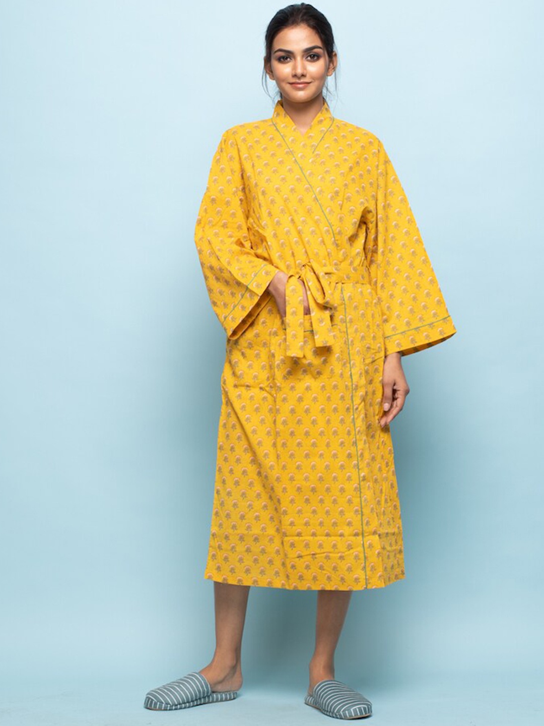 

SANSKRUTIHOMES Printed Cotton Cover-up Robe, Yellow