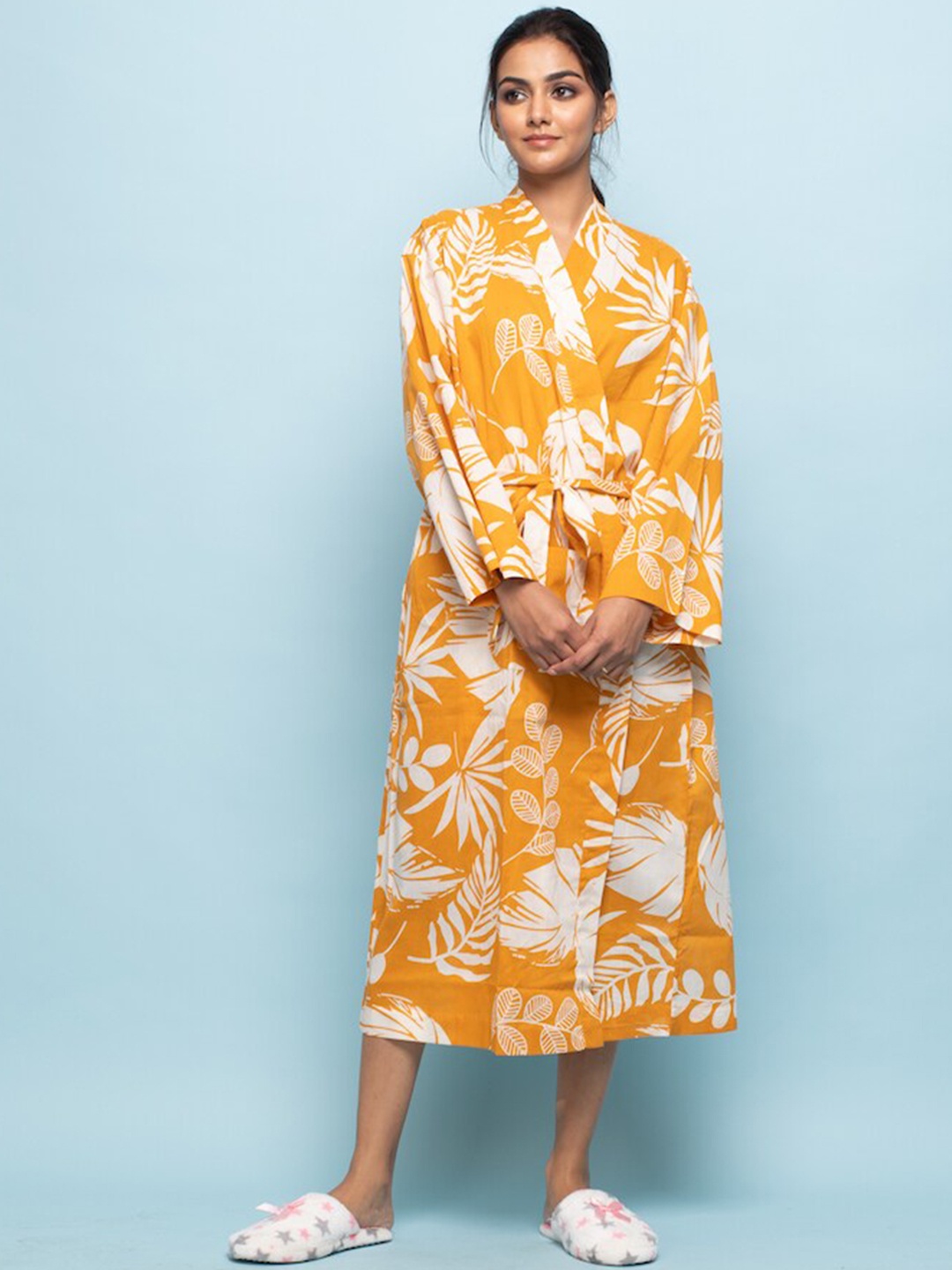 

Sanskrutihomes Floral Printed Cotton Cover-Up Robe, Yellow