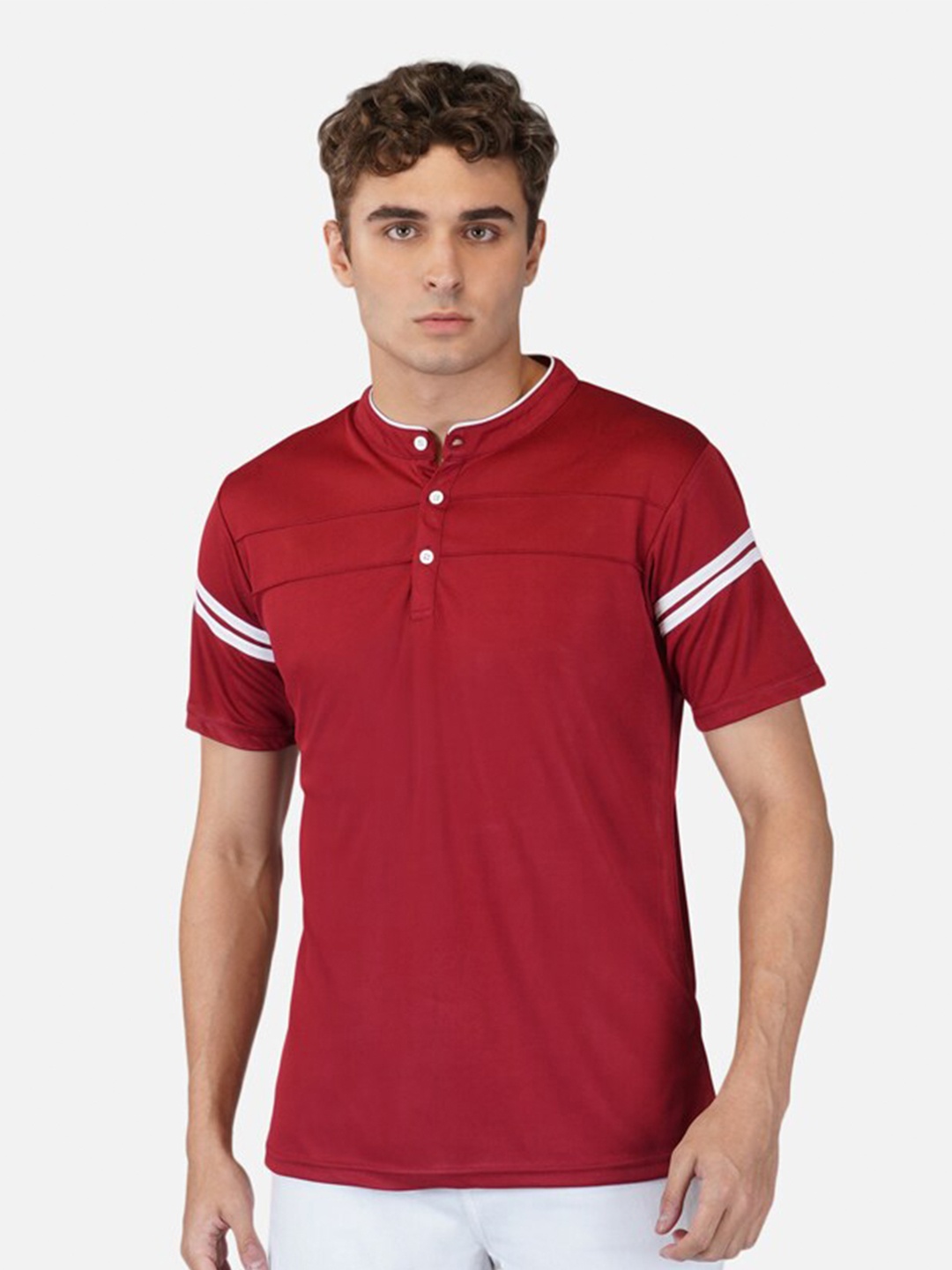 

CLAFOUTIS Mandarin Collar Slim Fit T-shirt, Maroon