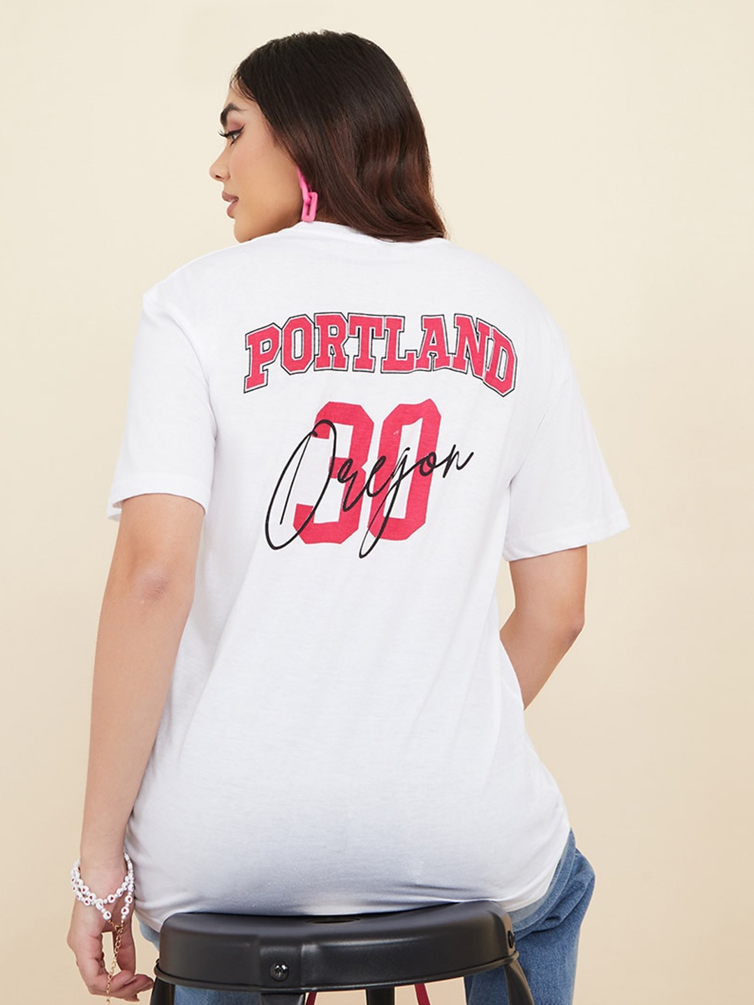 

Styli Women White Typography Printed Applique Loose T-shirt