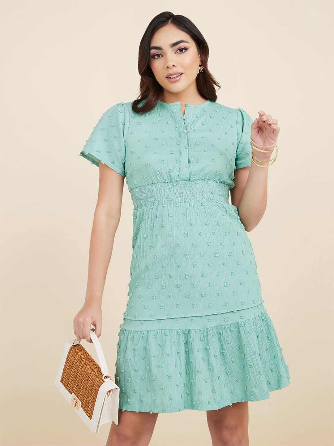 

Styli Smocked Flared Sleeves A-Line Dress, Sea green