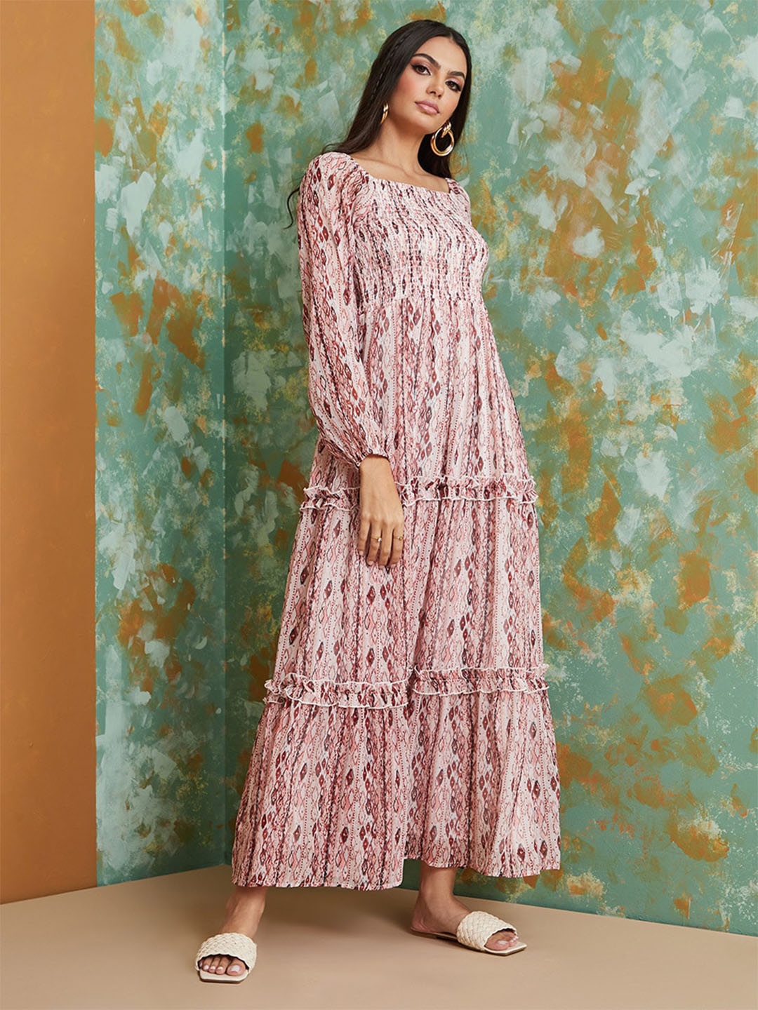 

Styli Square Neck Smocked Puff Sleeves Maxi Dress, Pink