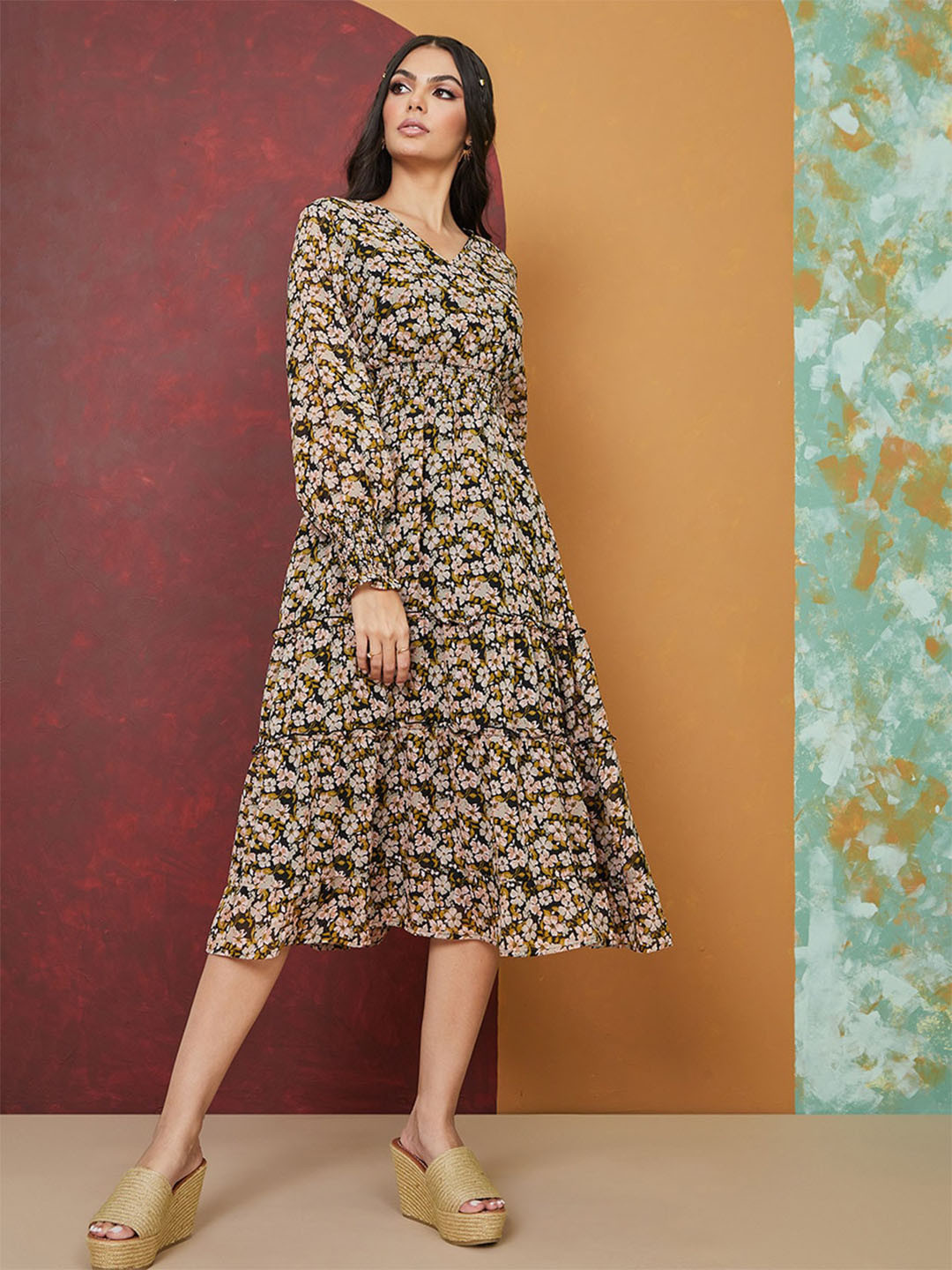 

Styli Black Floral A-Line Midi Dress