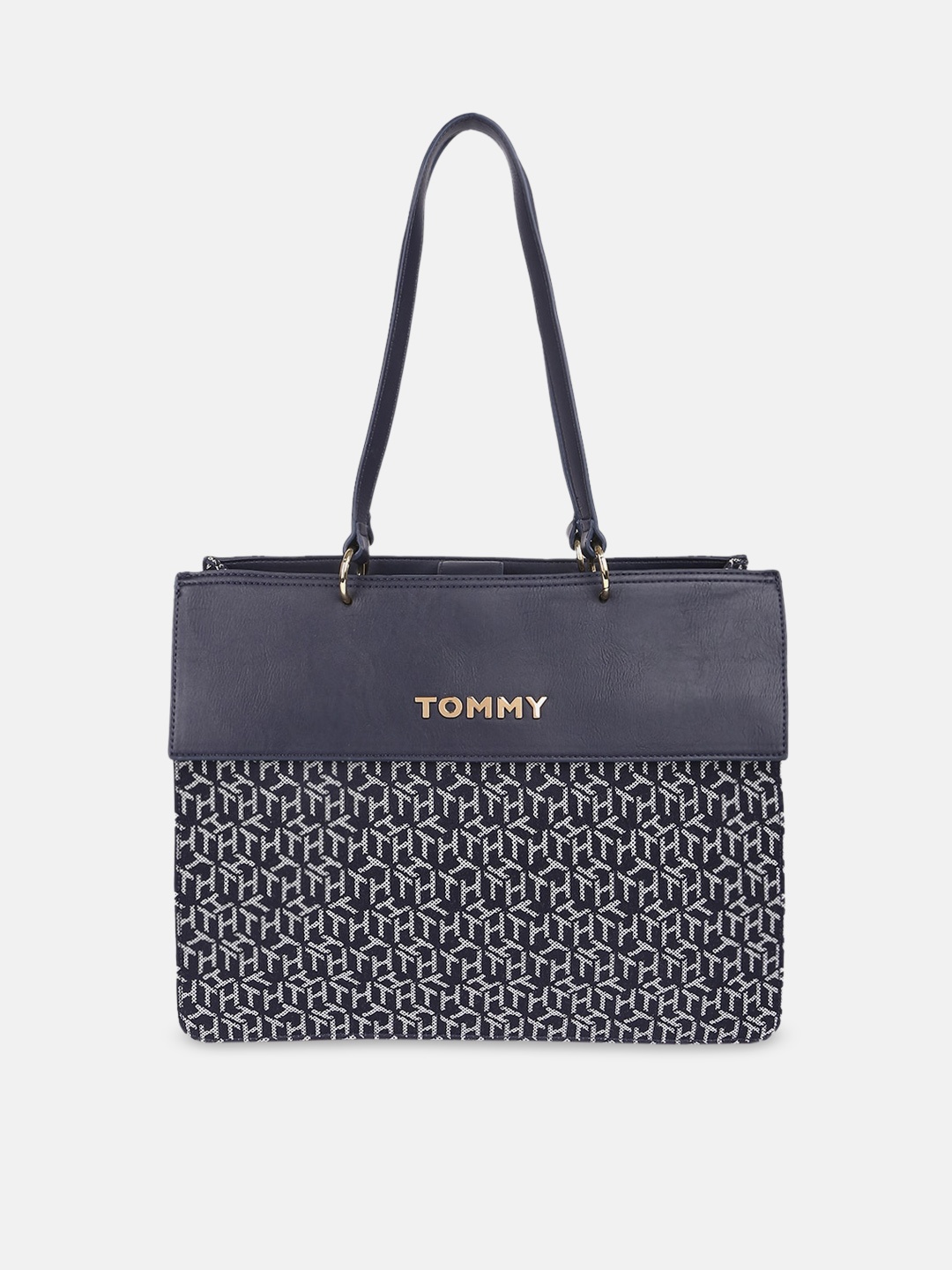 

Tommy Hilfiger Textured Structured Shoulder Bag with Cut Work, Navy blue