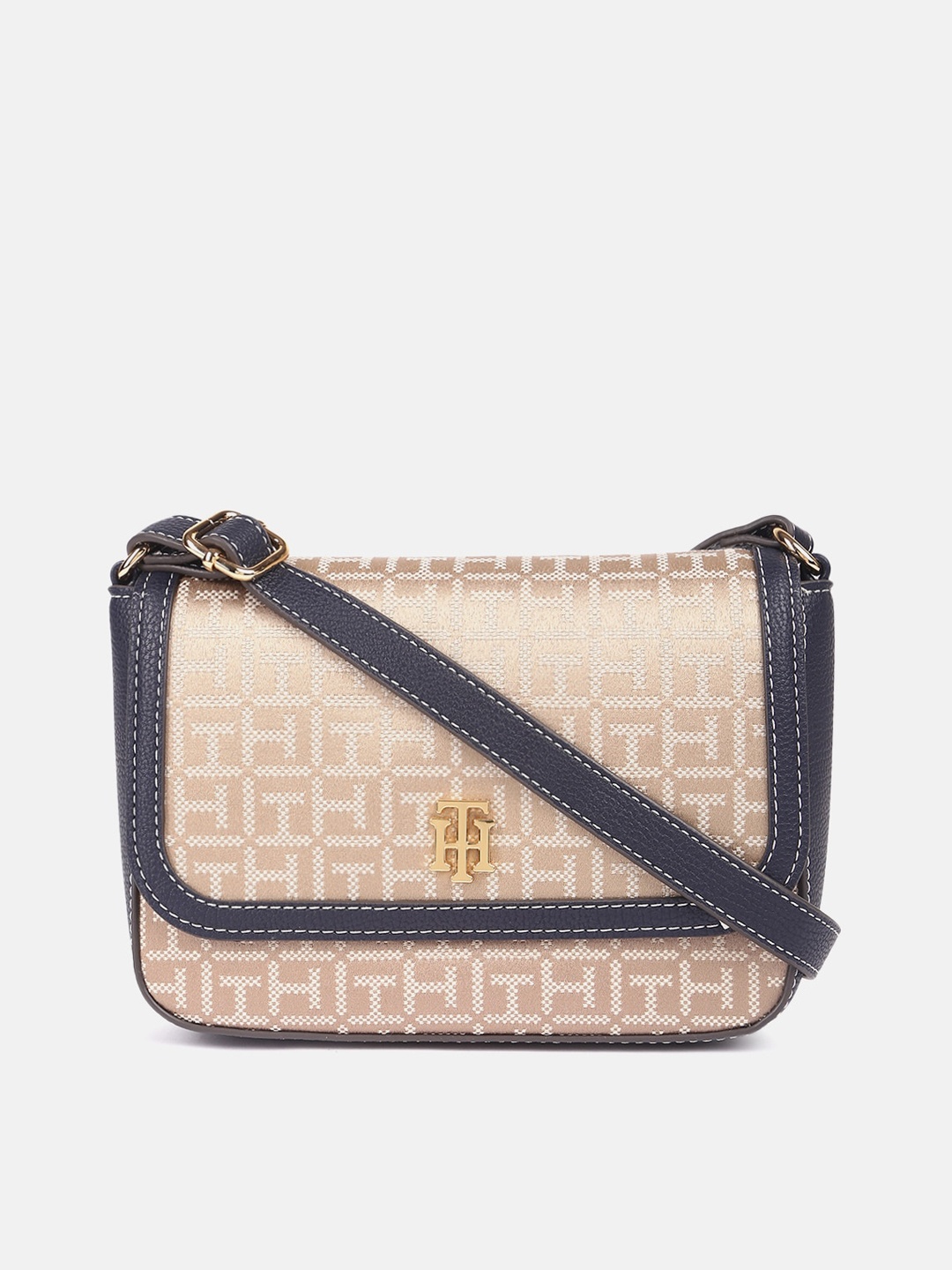 

Tommy Hilfiger Non-Detachable Sling Textured Structured Sling Bag, Beige