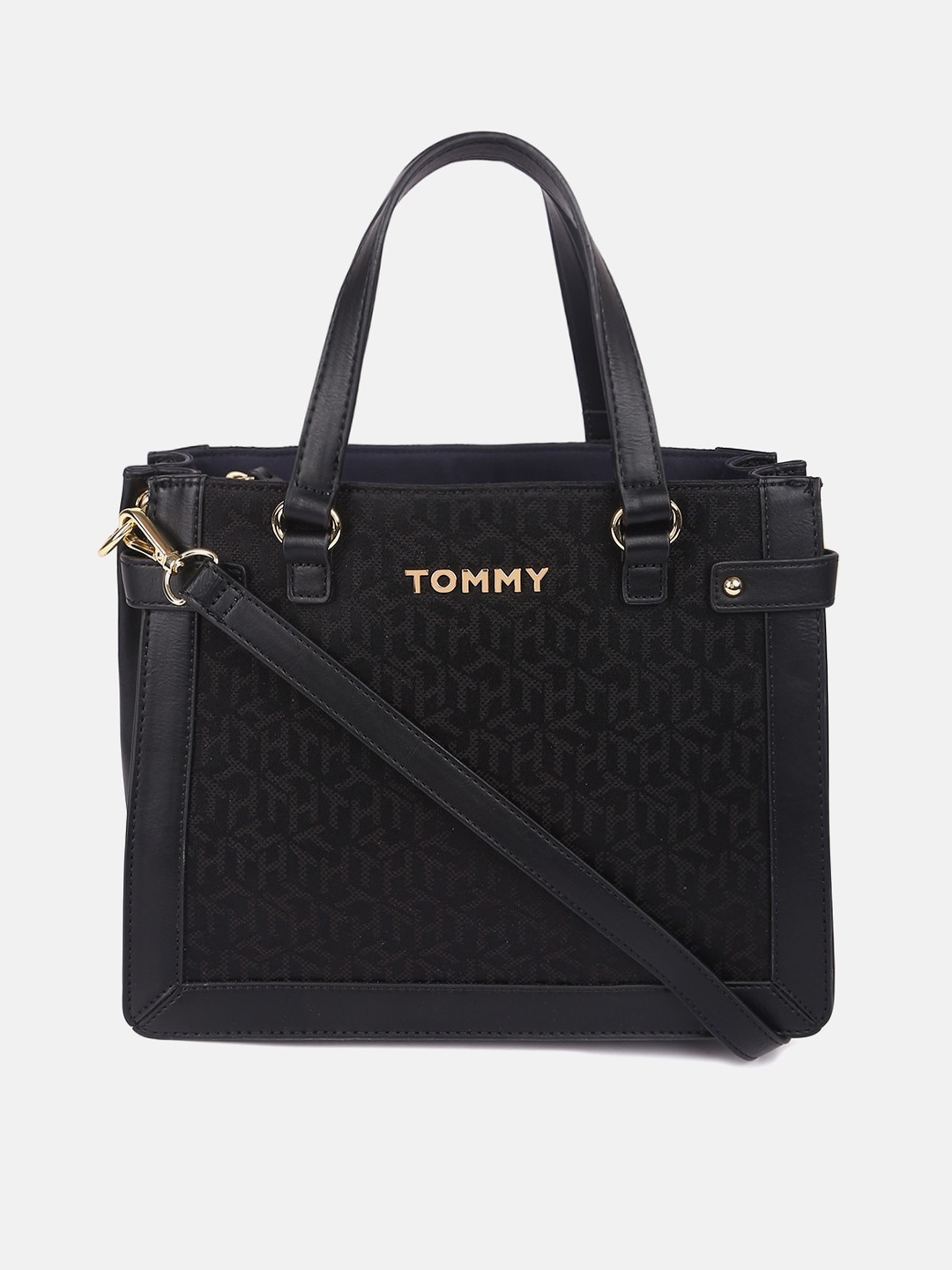 

Tommy Hilfiger Geometric Printed Structured Handheld Bag, Black
