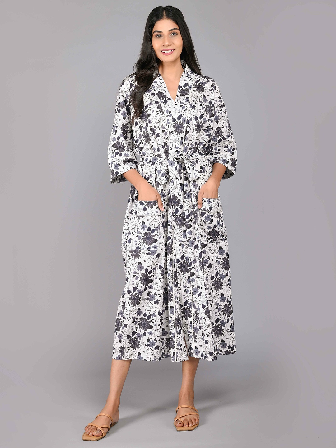 

SHOOLIN Printed Pure Cotton Midi Nightdress, Black