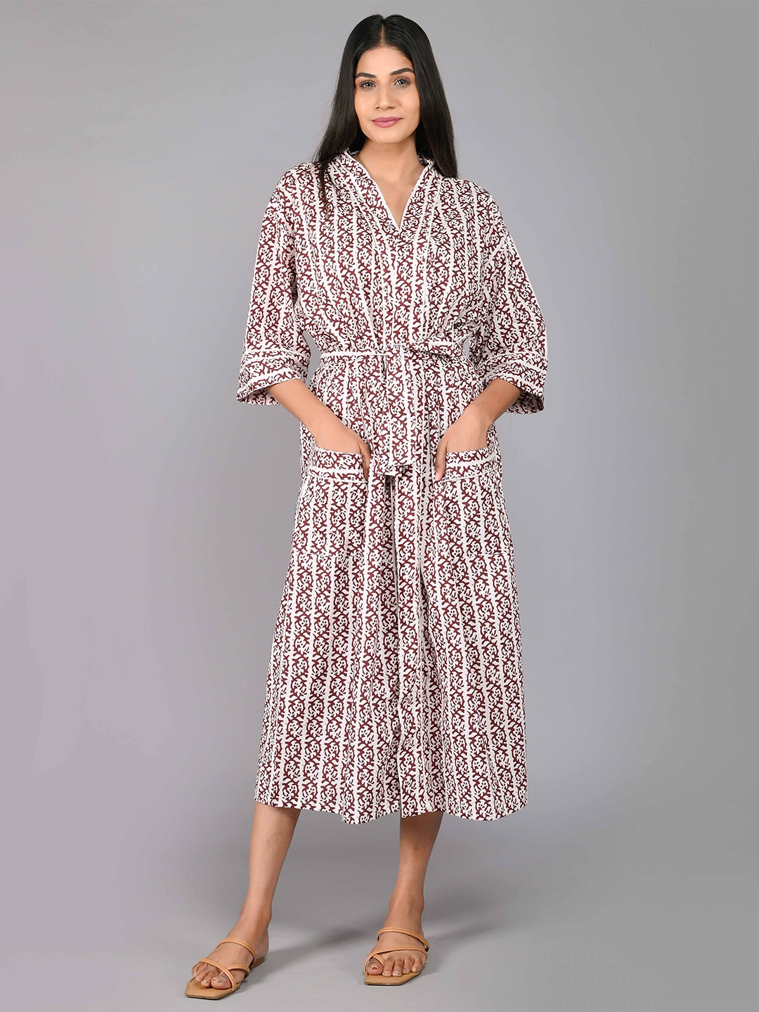 

SHOOLIN Printed Pure Cotton Midi Nightdress, Maroon