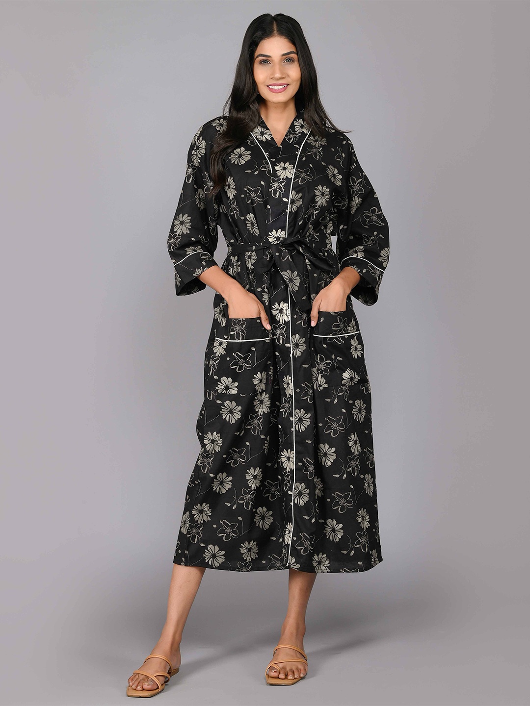 

SHOOLIN Floral Printed Pure Cotton Midi Nightdress, Black