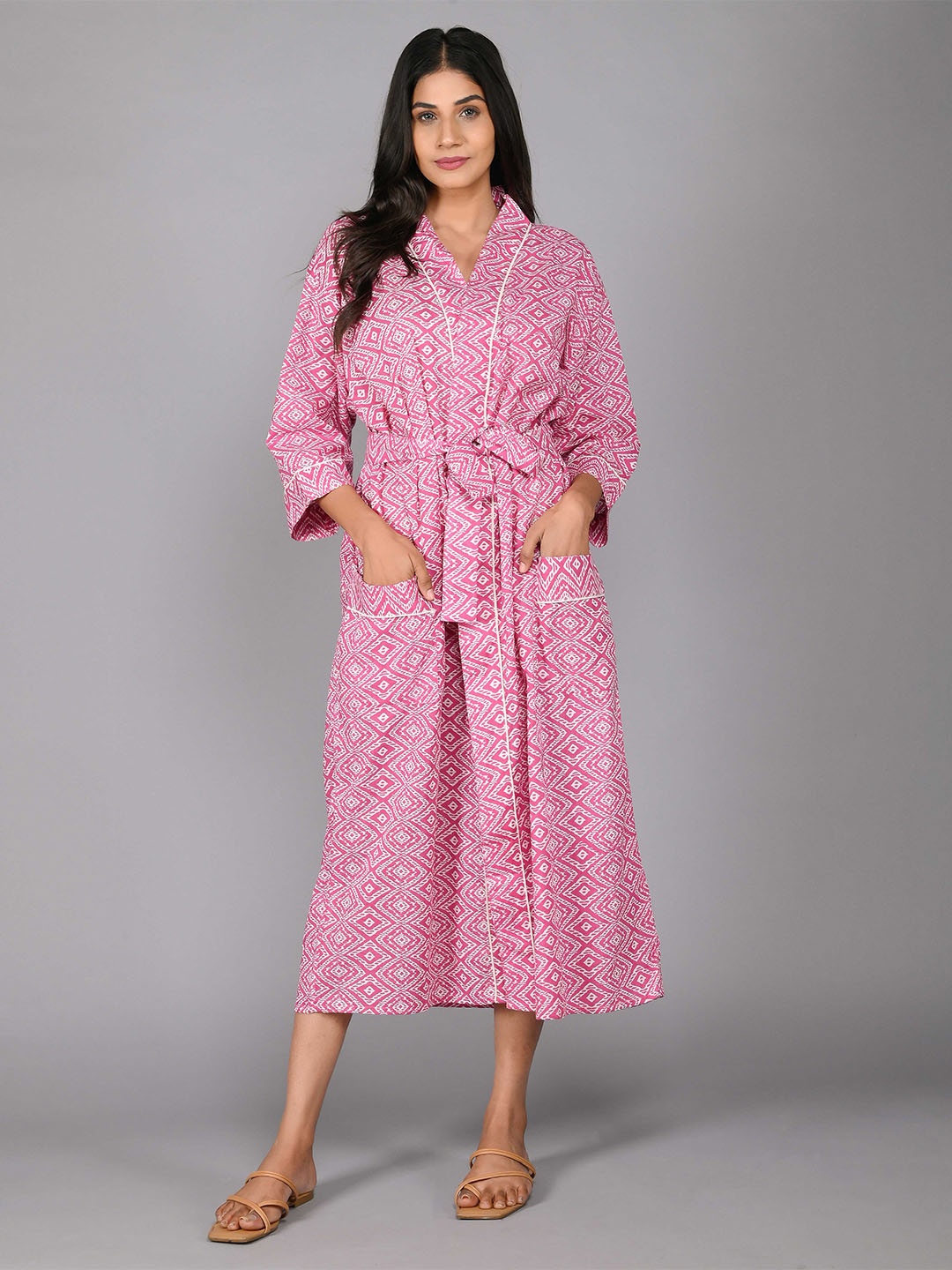 

SHOOLIN Geometric Printed Pure Cotton Midi Nightdress, Pink