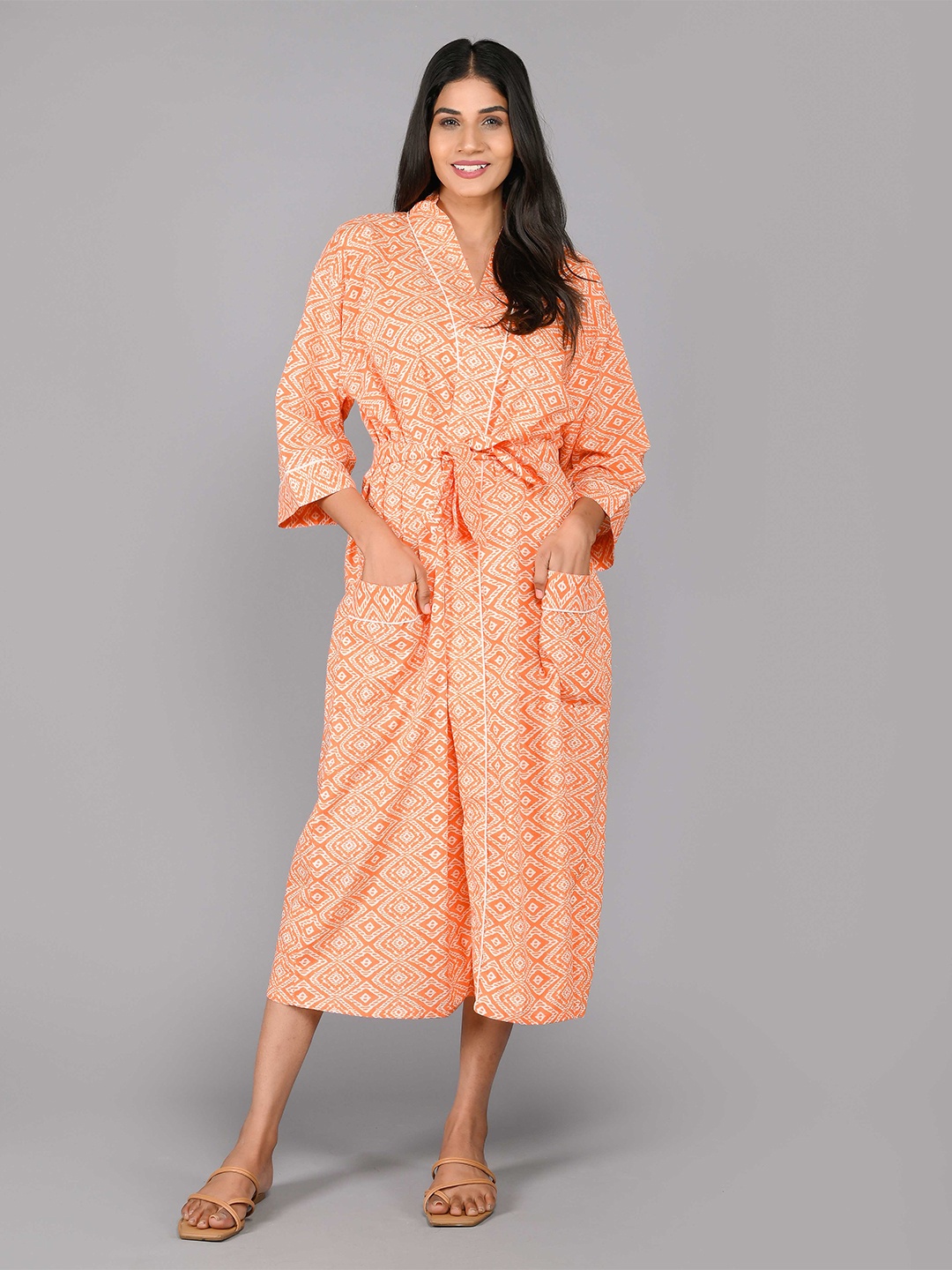 

SHOOLIN Geometric Printed Pure Cotton Midi Nightdress, Orange