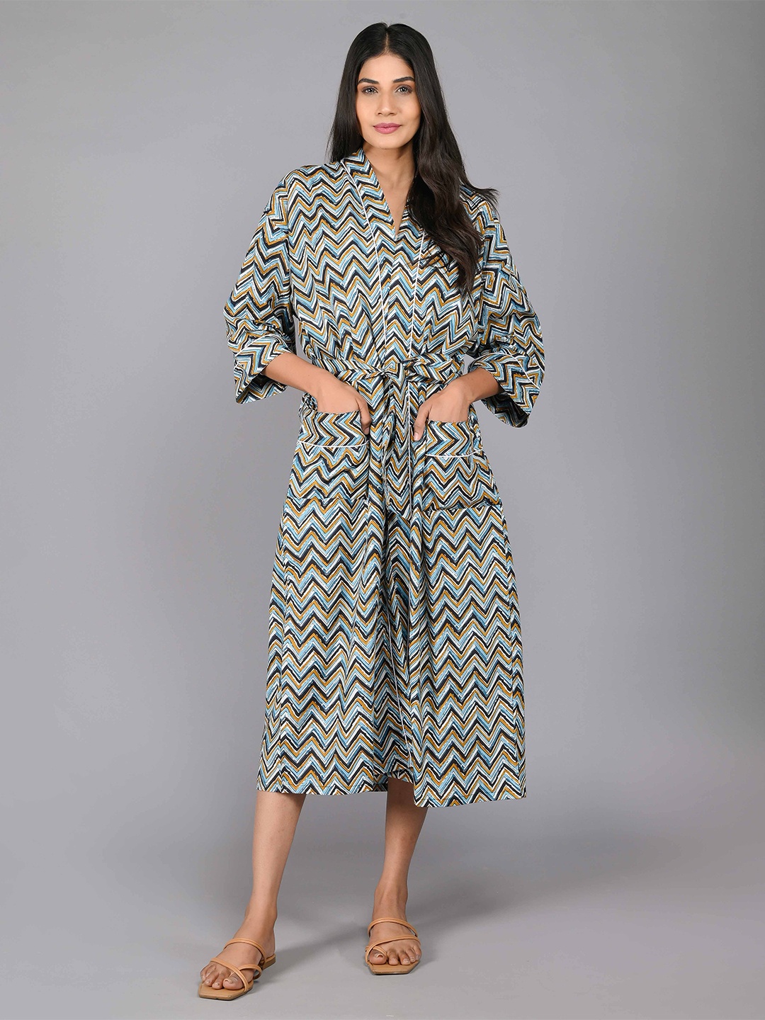 

SHOOLIN Printed Pure Cotton Midi Nightdress, Blue