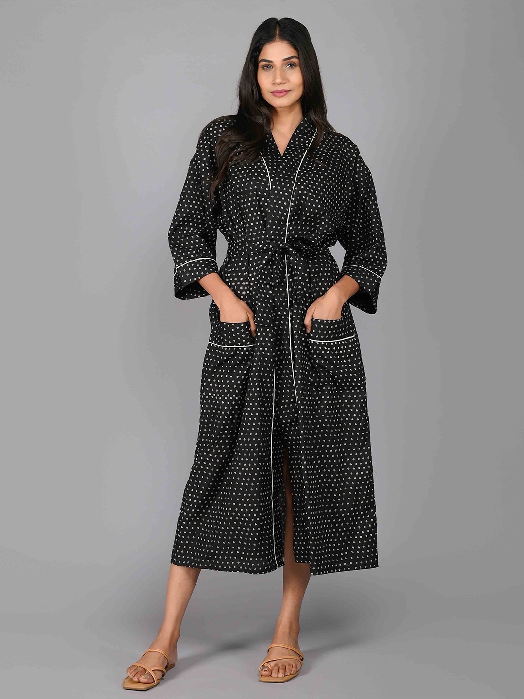 

SHOOLIN Printed Pure Cotton Midi Nightdress, Black