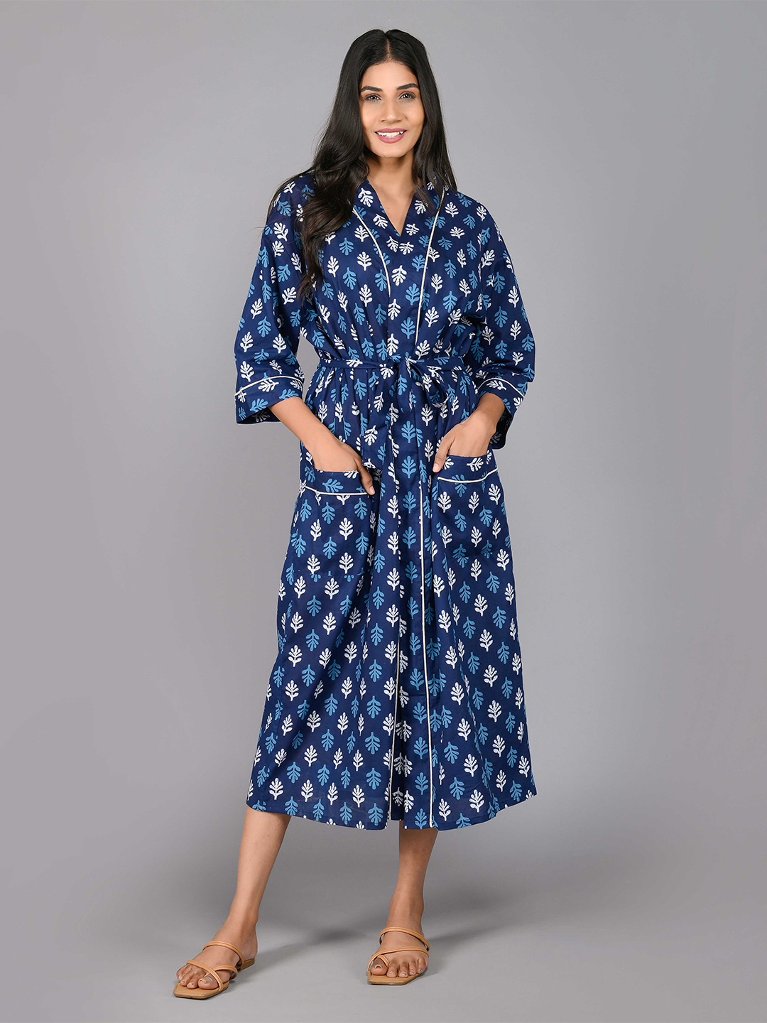 

SHOOLIN Printed Pure Cotton Midi Nightdress, Blue