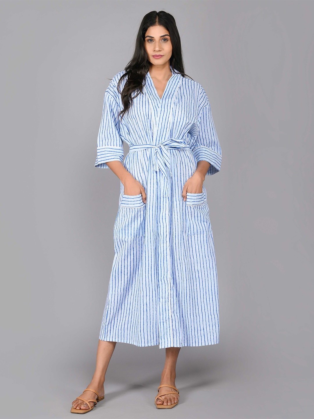 

SHOOLIN Striped Pure Cotton Midi Nightdress, Blue