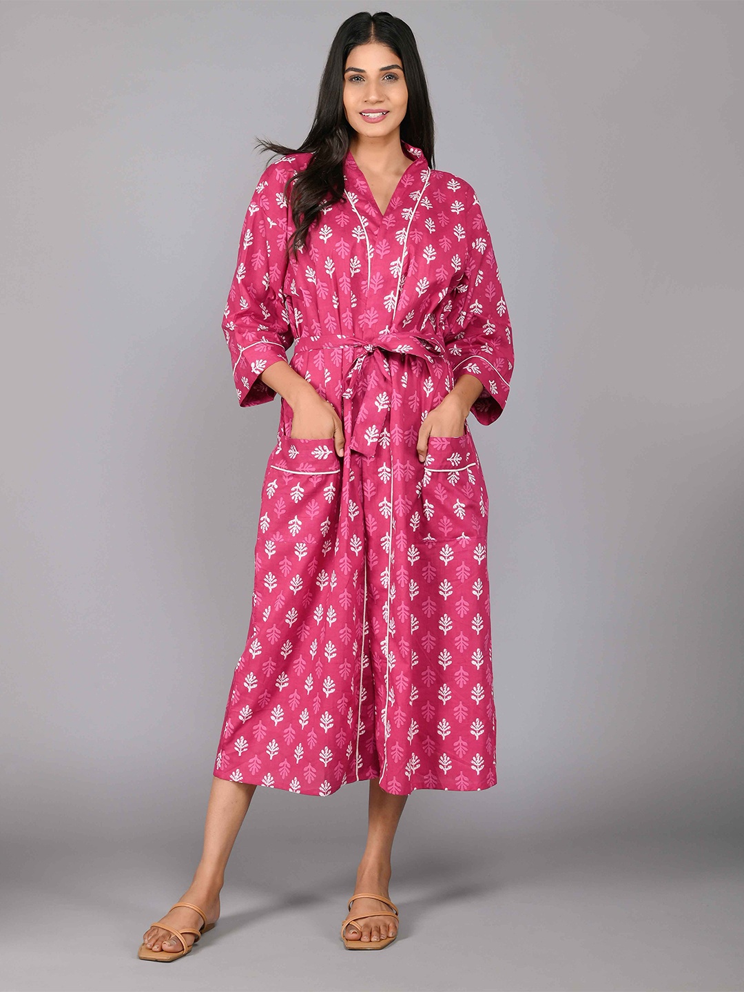 

SHOOLIN Printed Pure Cotton Midi Nightdress, Pink