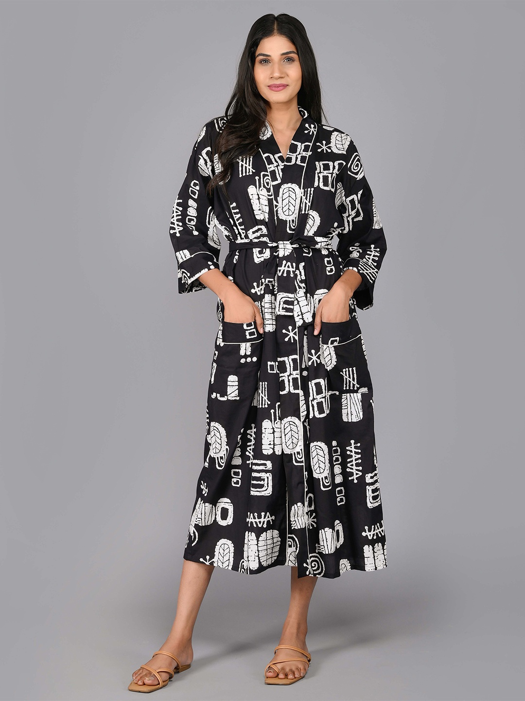 

SHOOLIN Printed Pure Cotton Midi Nightdress, Black