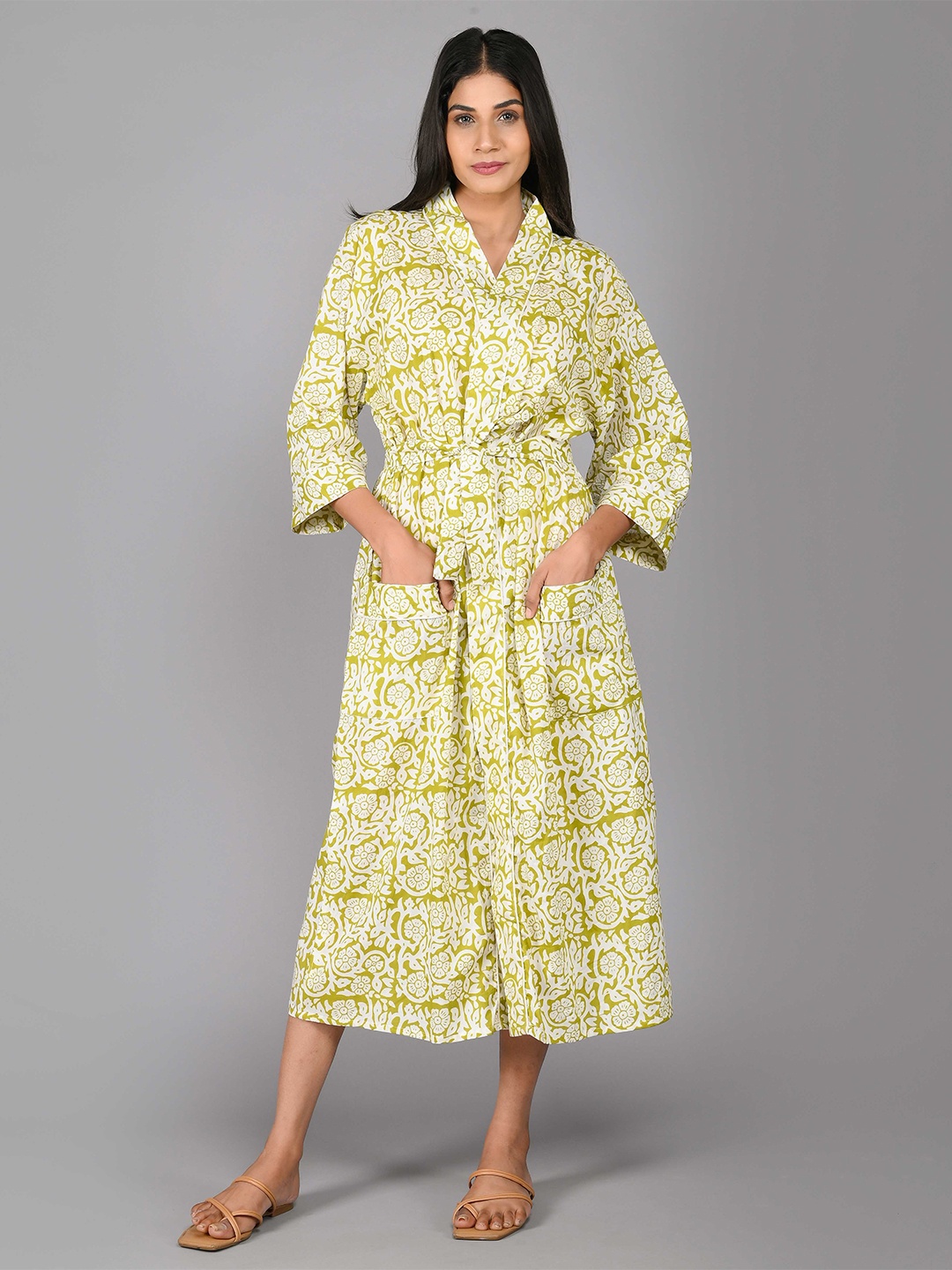

SHOOLIN Printed Pure Cotton Midi Nightdress, Green