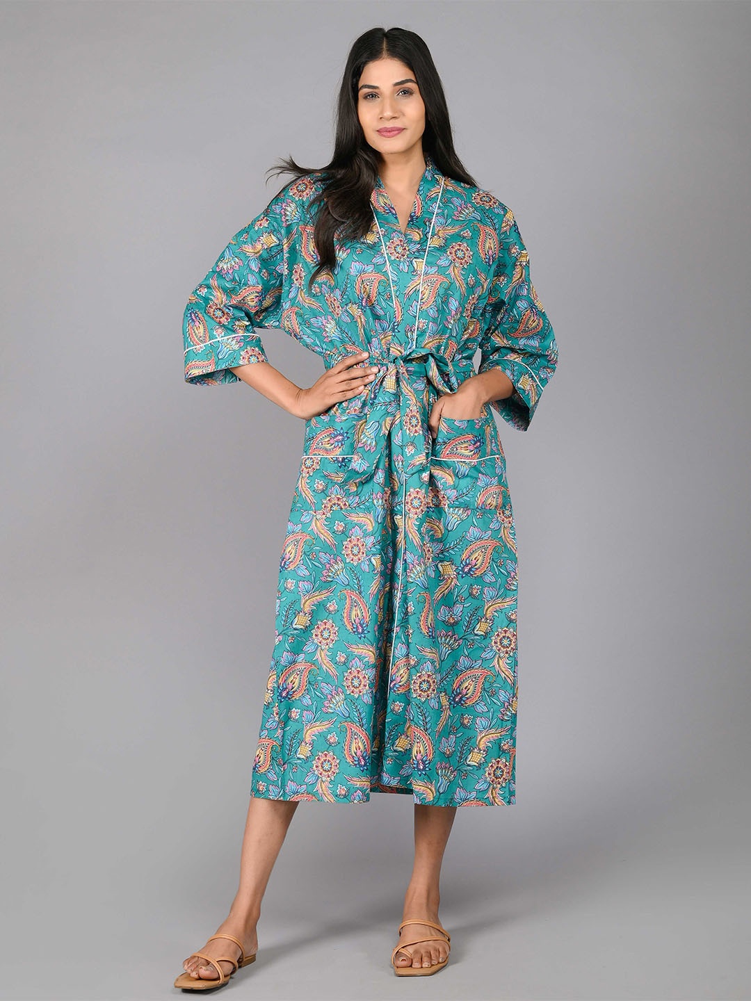 

SHOOLIN Printed Pure Cotton Midi Nightdress, Green