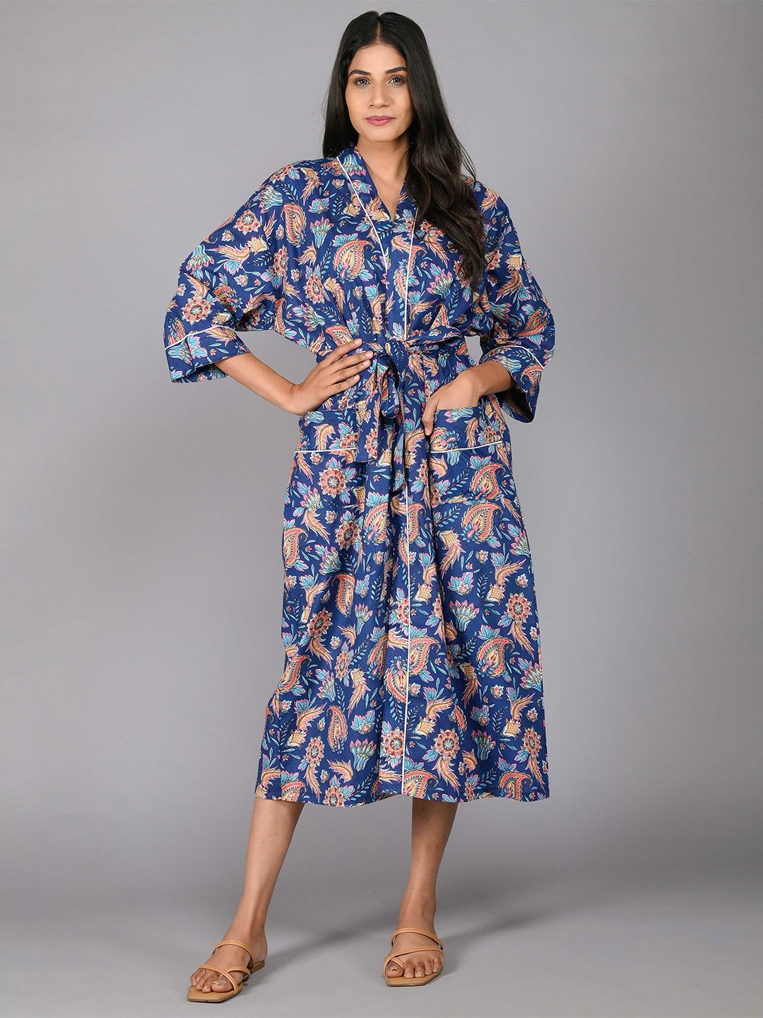 

SHOOLIN Printed Pure Cotton Midi Nightdress, Blue