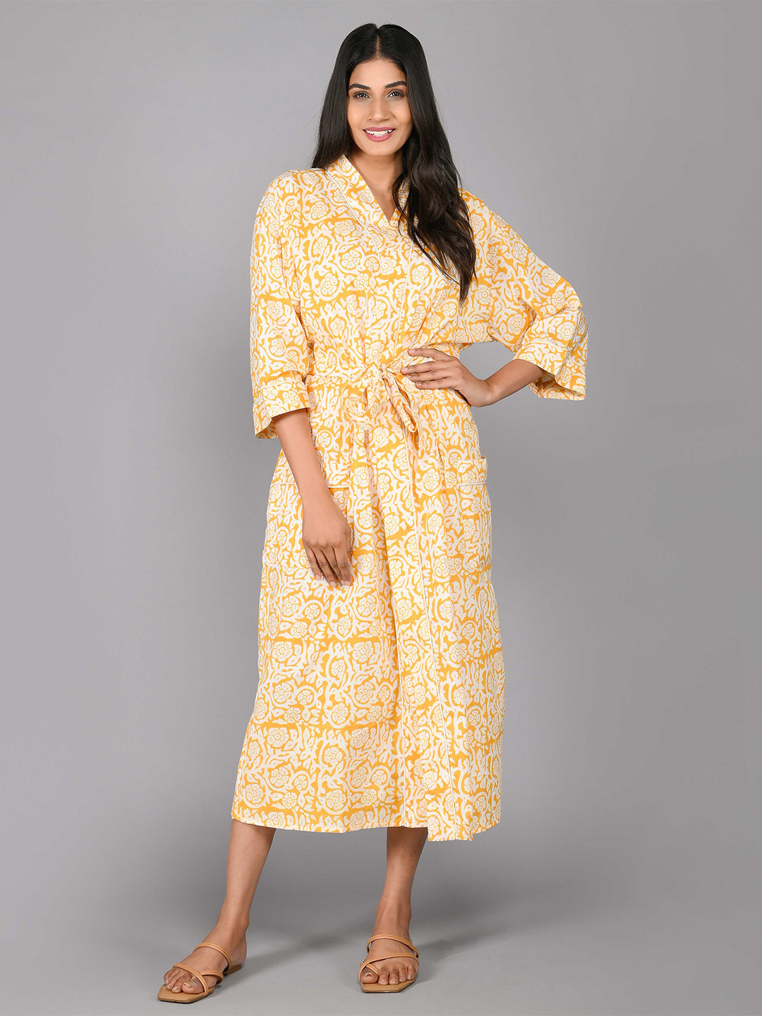 

SHOOLIN Printed Pure Cotton Midi Nightdress, Mustard