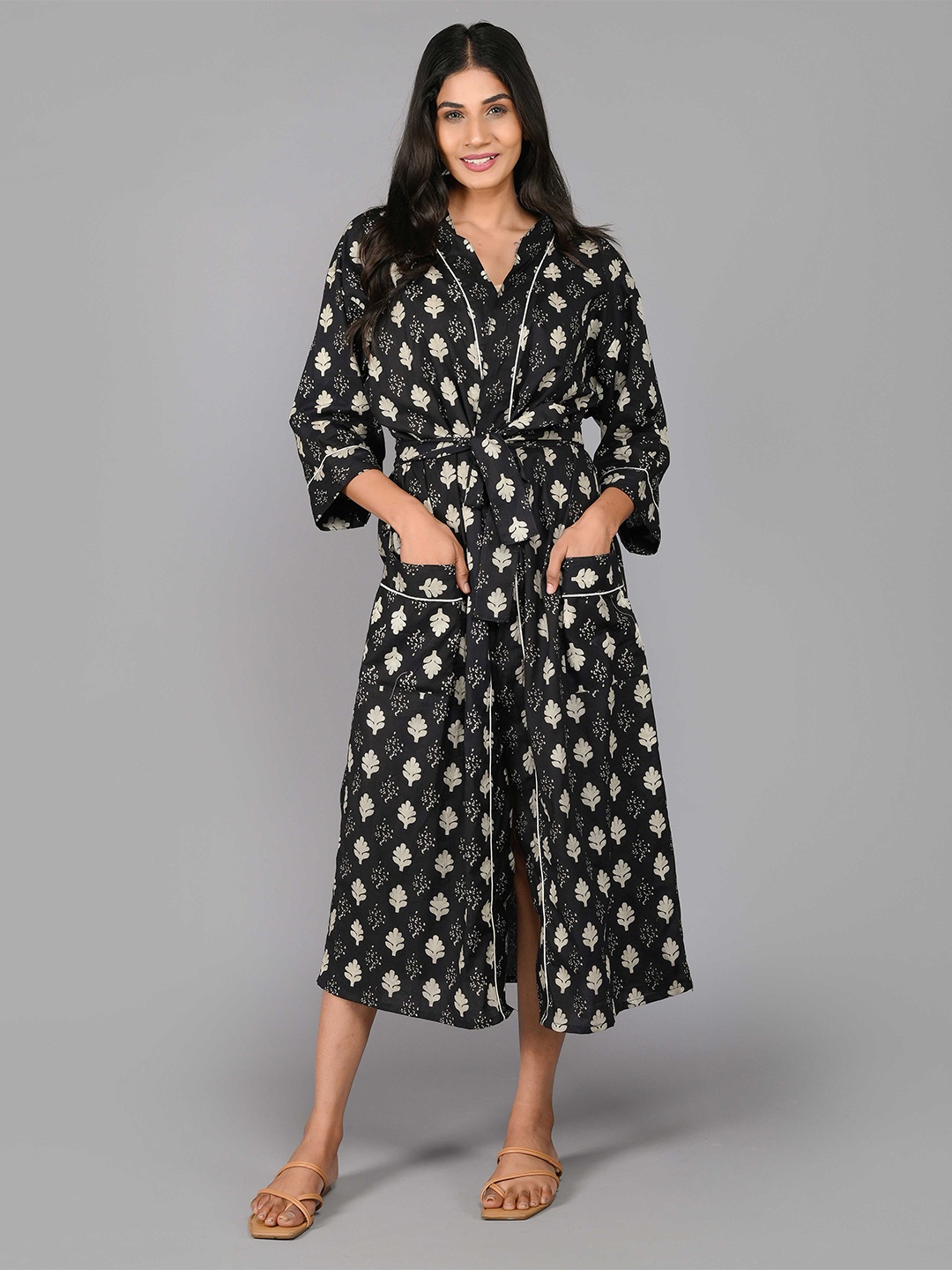 

SHOOLIN Printed Pure Cotton Midi Nightdress, Black