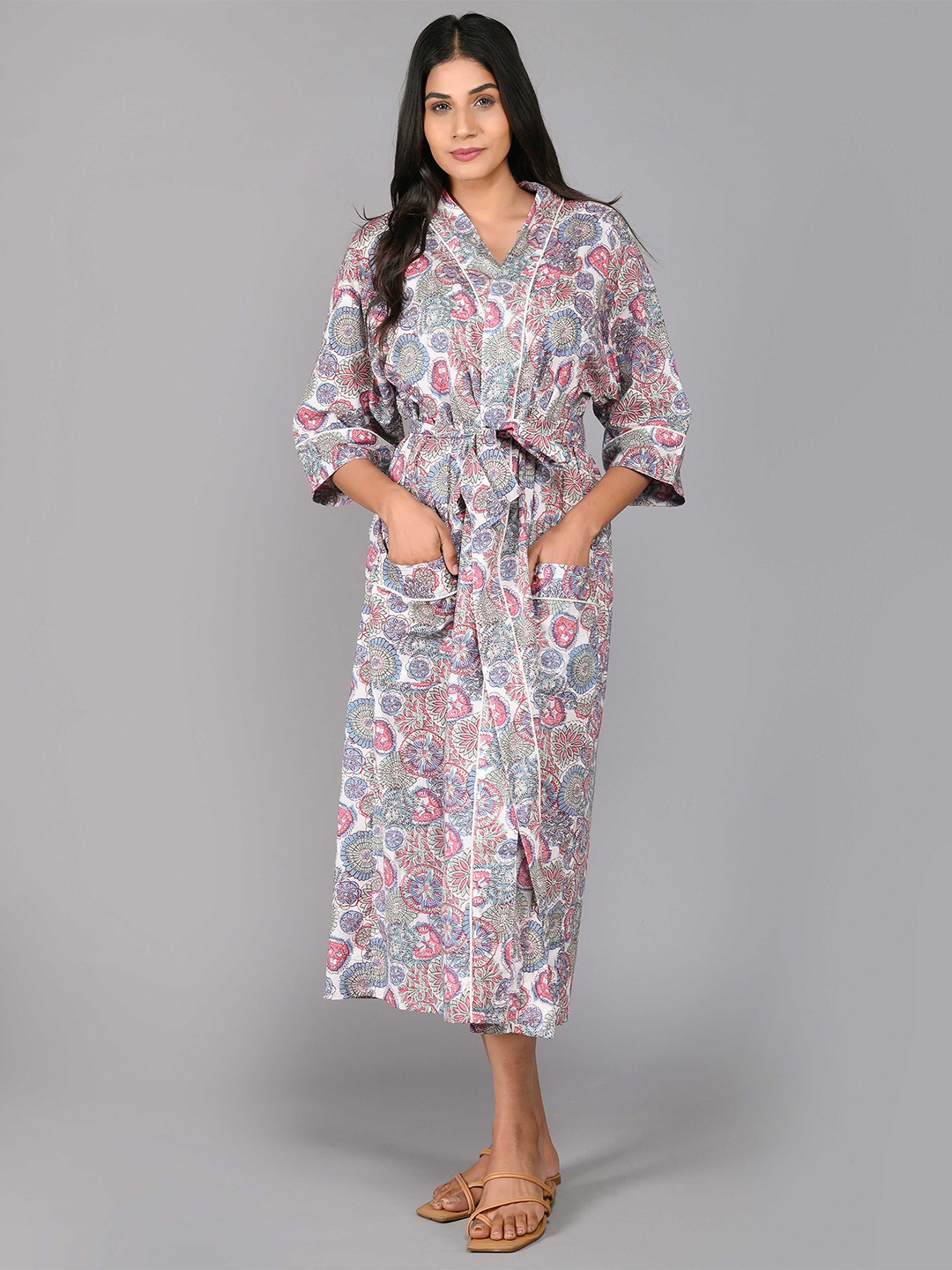 

SHOOLIN Printed Pure Cotton Midi Nightdress, Grey