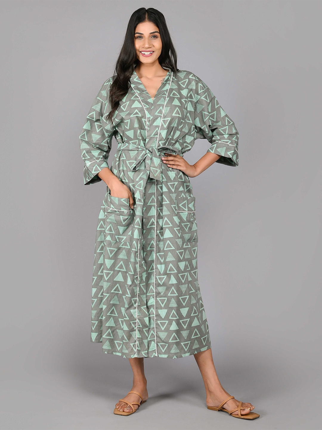 

SHOOLIN Printed Pure Cotton Midi Nightdress, Green