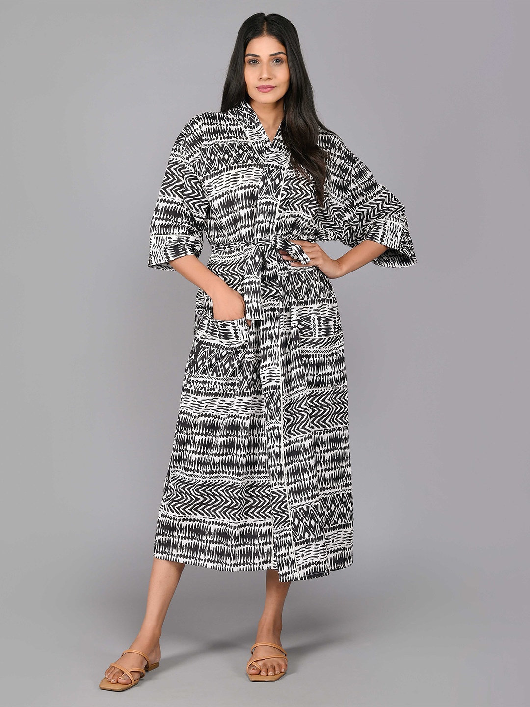 

SHOOLIN Printed Pure Cotton Midi Nightdress, Black