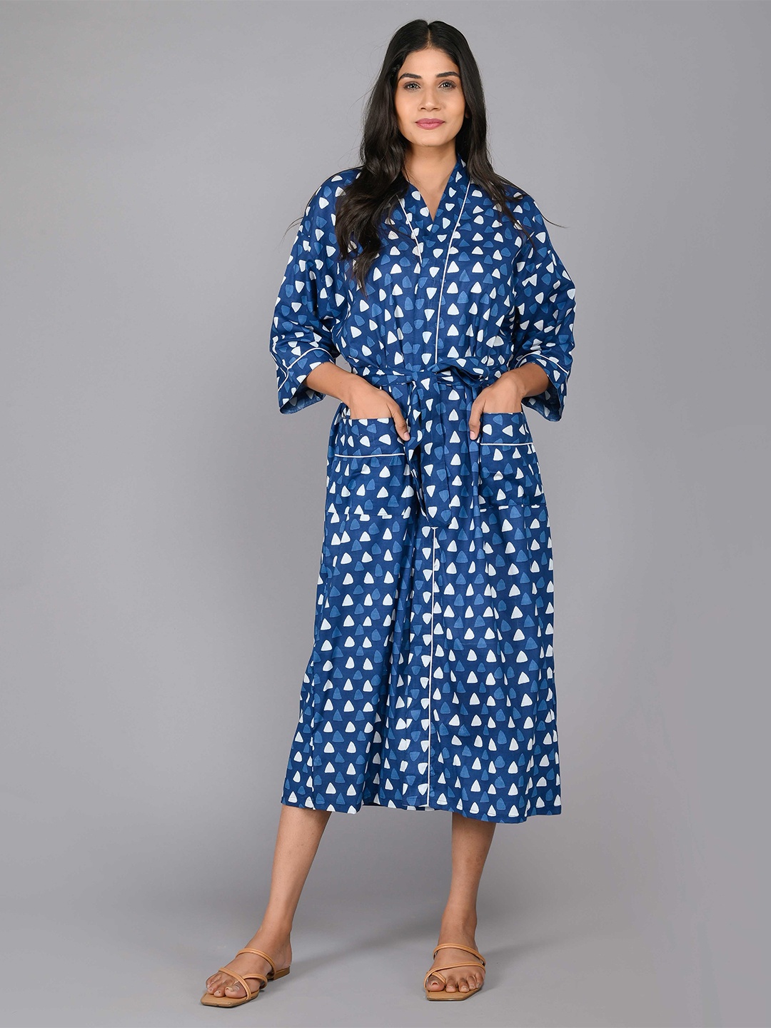 

SHOOLIN Printed Pure Cotton Midi Nightdress, Blue