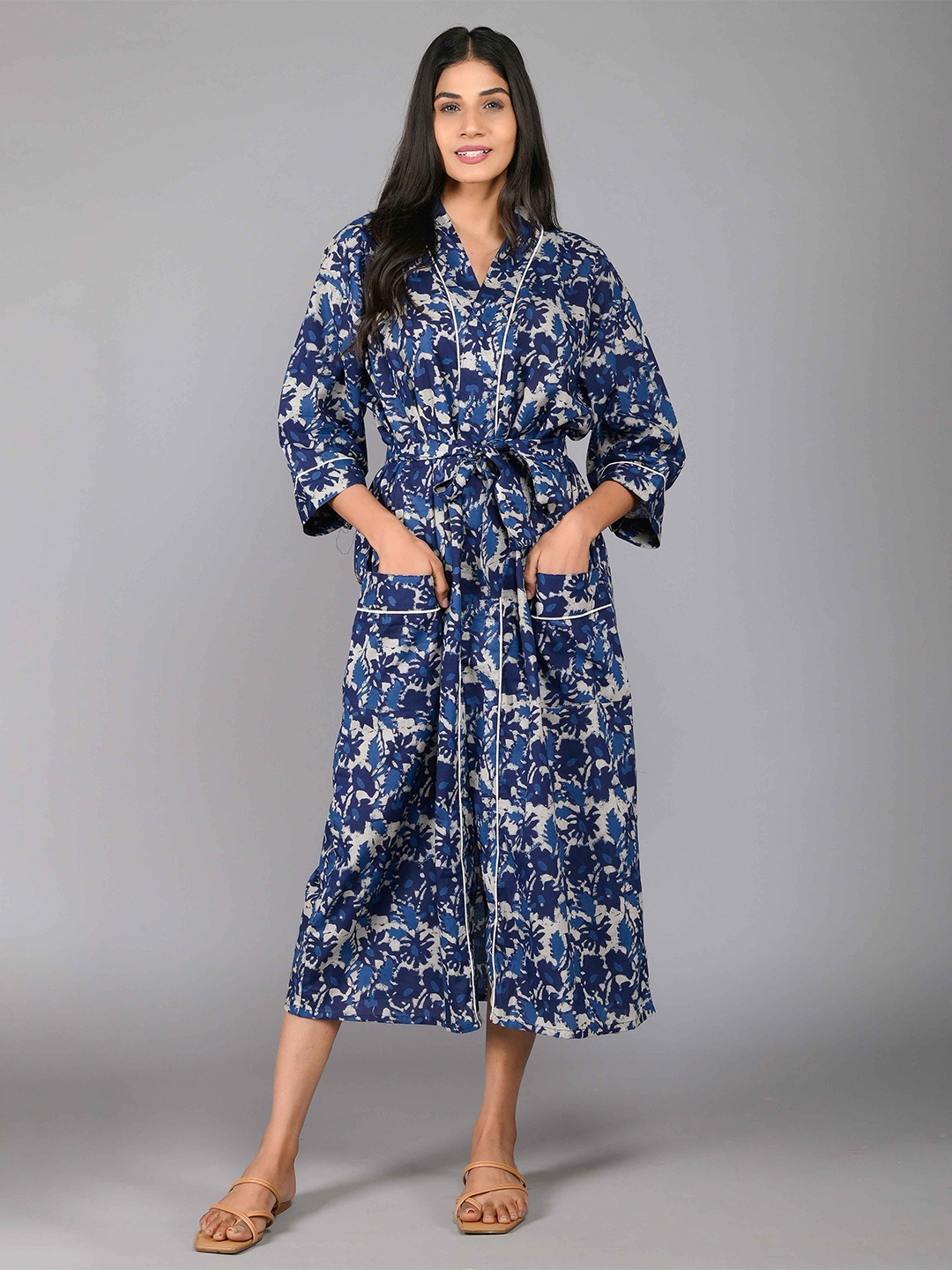 

SHOOLIN Printed Pure Cotton Midi Nightdress, Blue