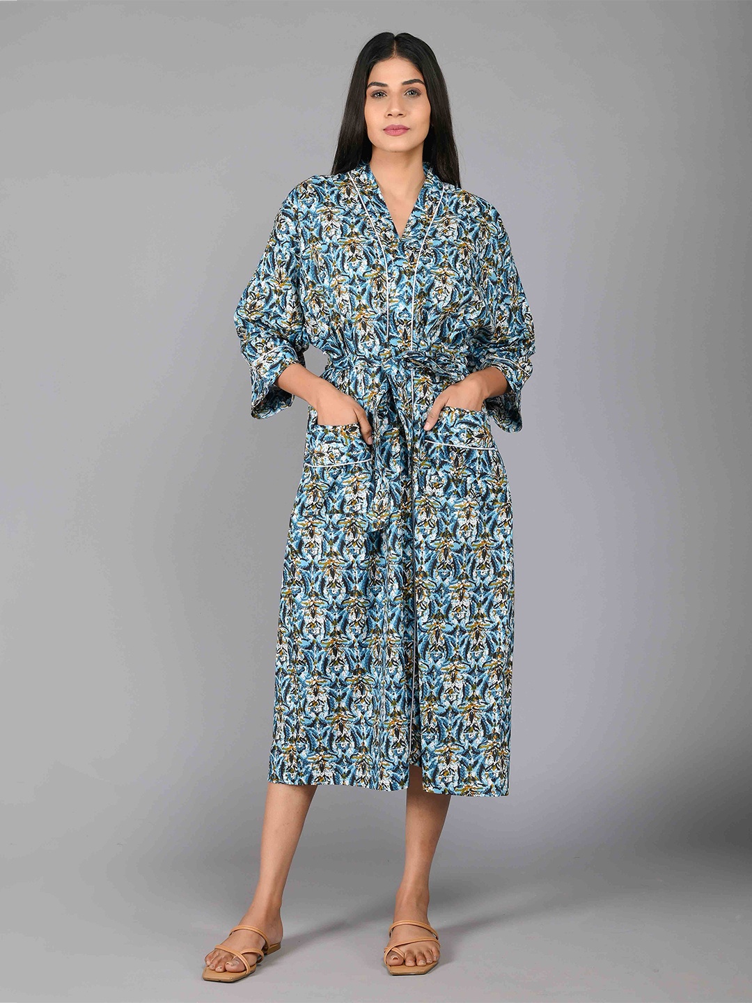 

SHOOLIN Printed Pure Cotton Midi Nightdress, Blue