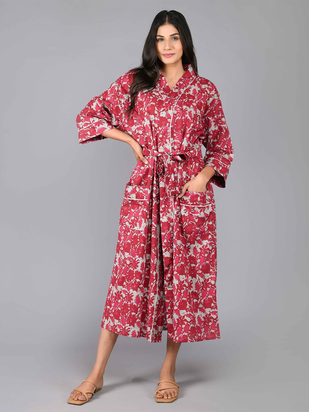 

SHOOLIN Printed Pure Cotton Midi Nightdress, Red