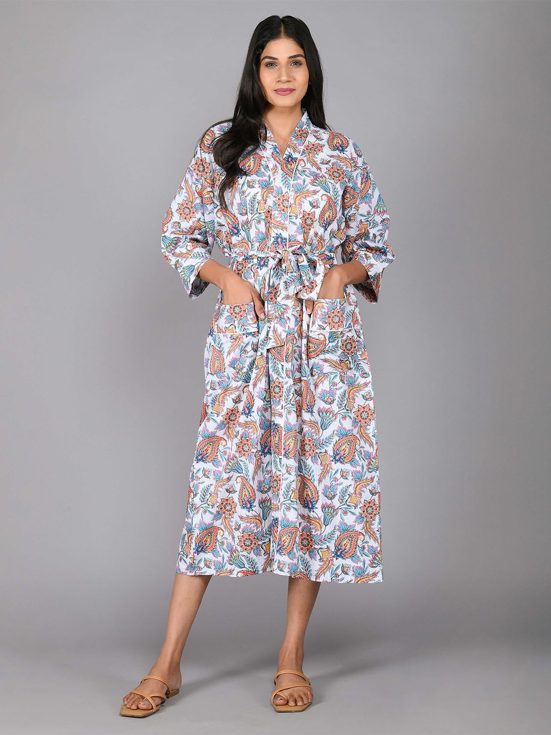 

SHOOLIN Printed Pure Cotton Midi Nightdress, White