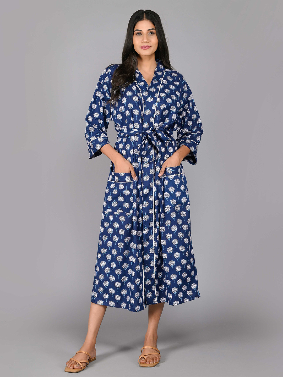 

SHOOLIN Printed Pure Cotton Midi Nightdress, Blue