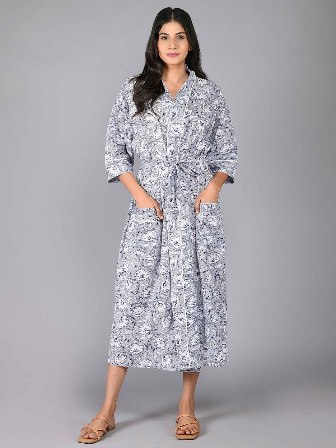 

SHOOLIN Printed Pure Cotton Midi Nightdress, Blue