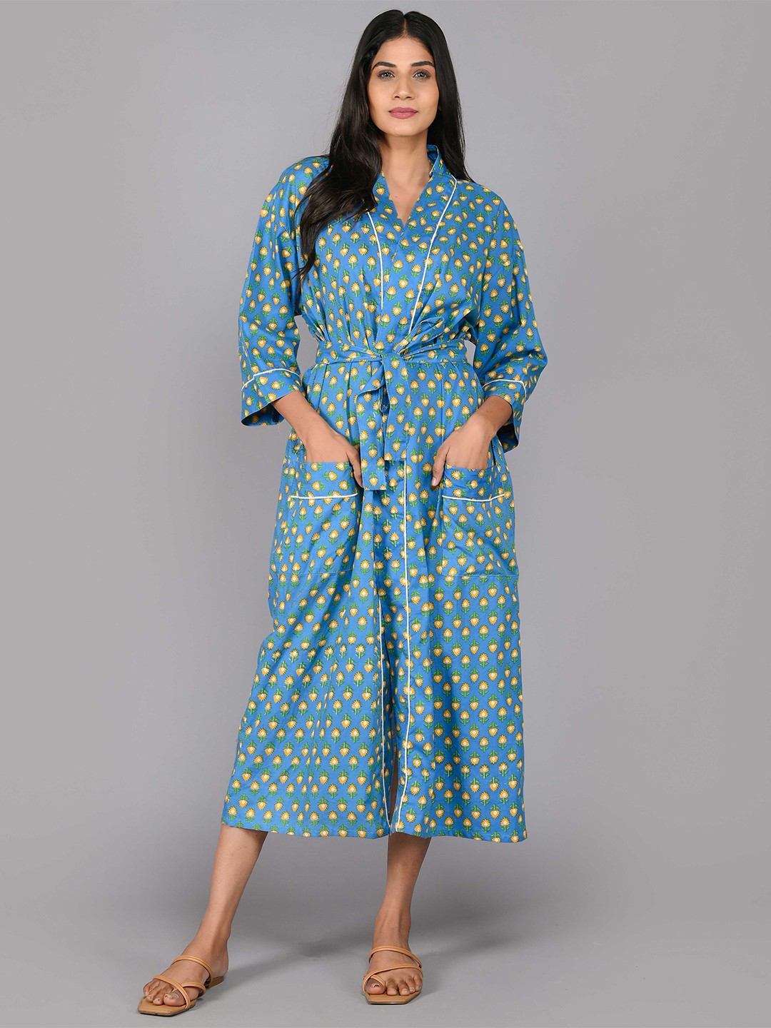 

SHOOLIN Printed Pure Cotton Midi Nightdress, Blue