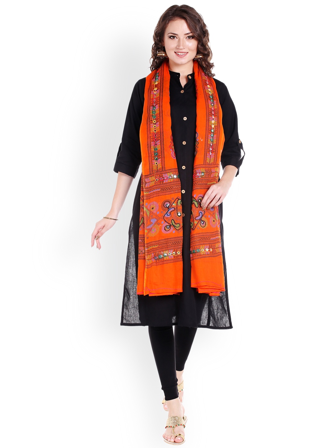 

Dupatta Bazaar Green Block Print Embroidered Dupatta, Orange