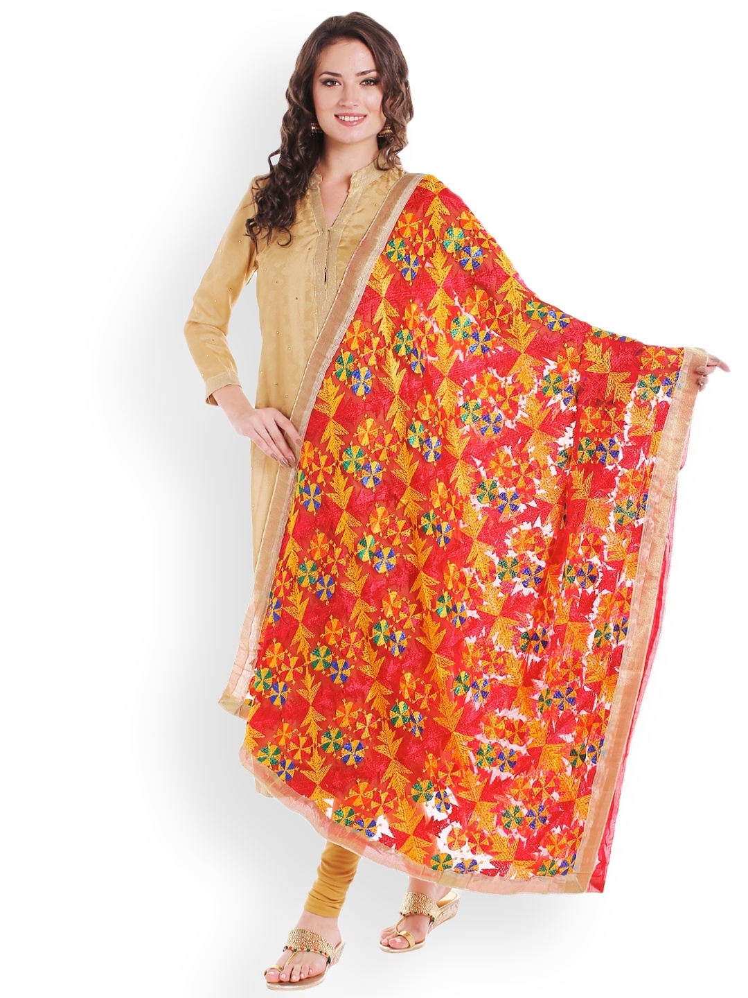 

Dupatta Bazaar Red & Multicoloured Phulkari Hand-Embroidered Dupatta