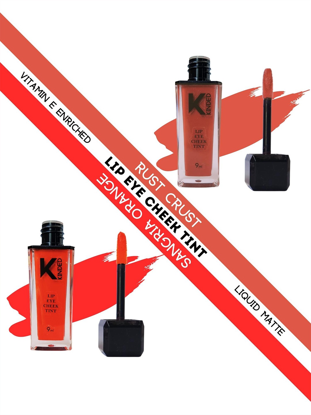 

KINDED Set of 2 Matte Lip Eye Cheek Tints with Vitamin E 9 ml Each -Rust Crust - Sangria Orange