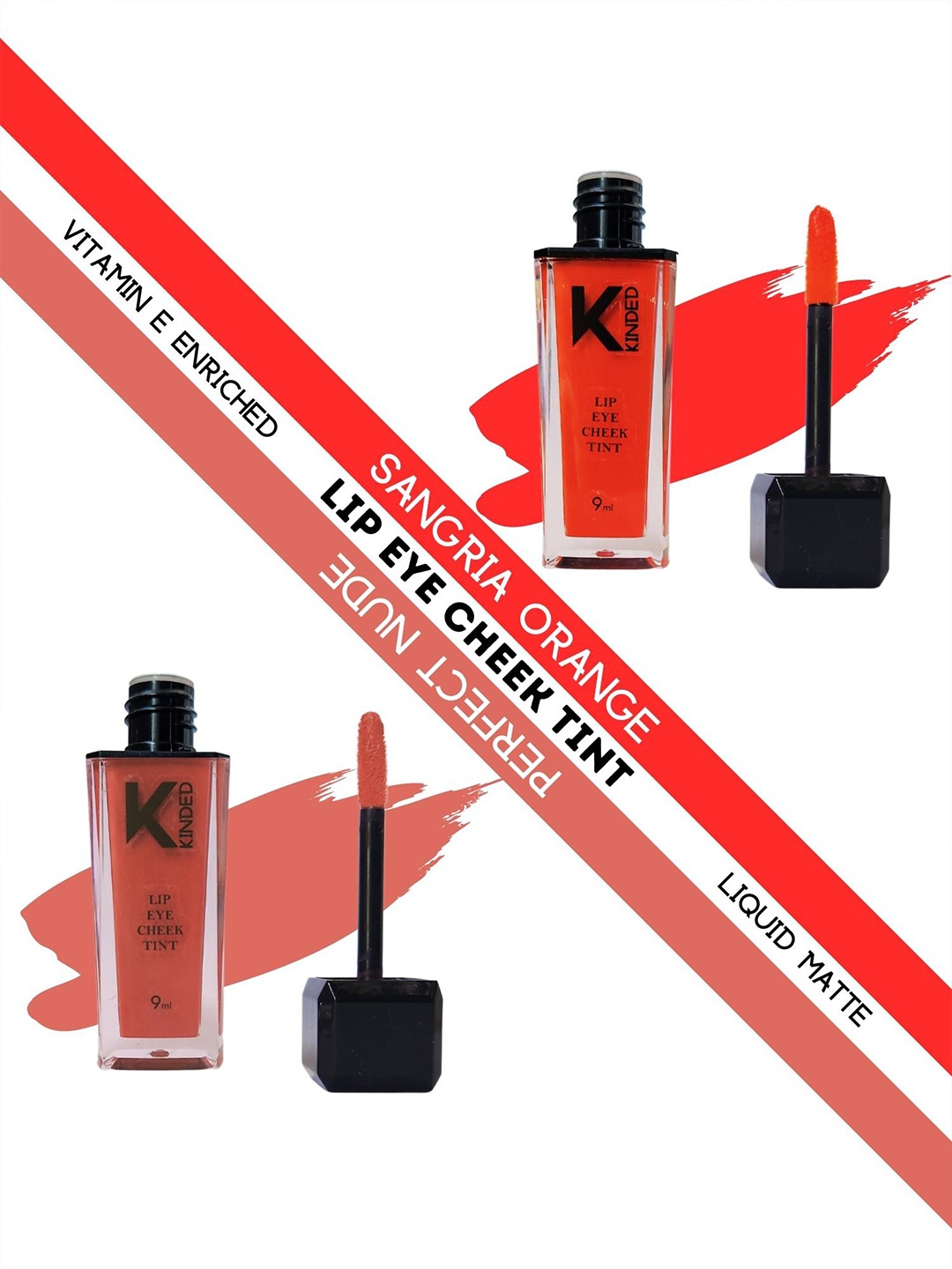 

KINDED Set of 2 Matte Finish Liquid Lip Eye Cheek Tint with Vitamin E - 9ml each, Orange
