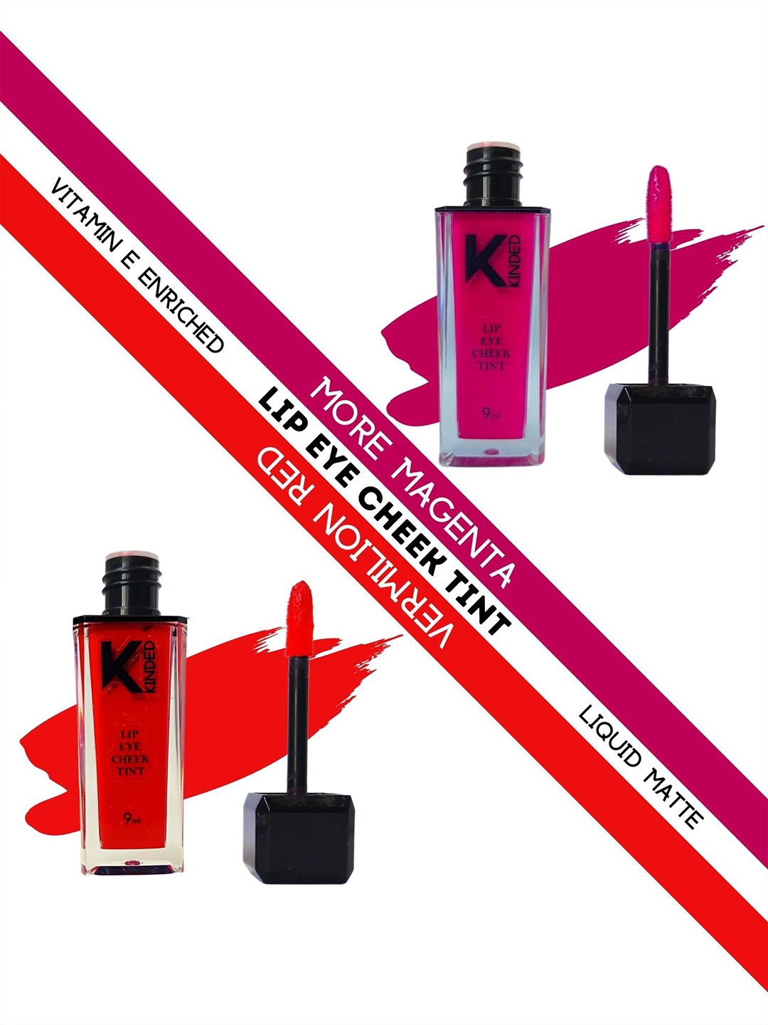 

KINDED Set of 2 Liquid Matte 3-in-1 Lip Eye Cheek Tint 9 ml each - Shade 02 & 03, Red