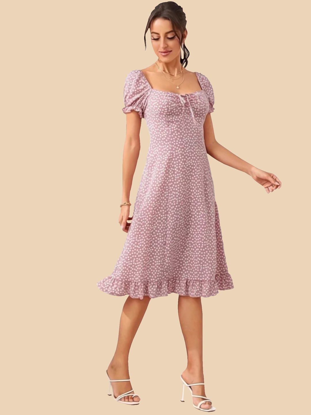 

Dream Beauty Fashion Polka Dots Printed A-Line Dress, Pink