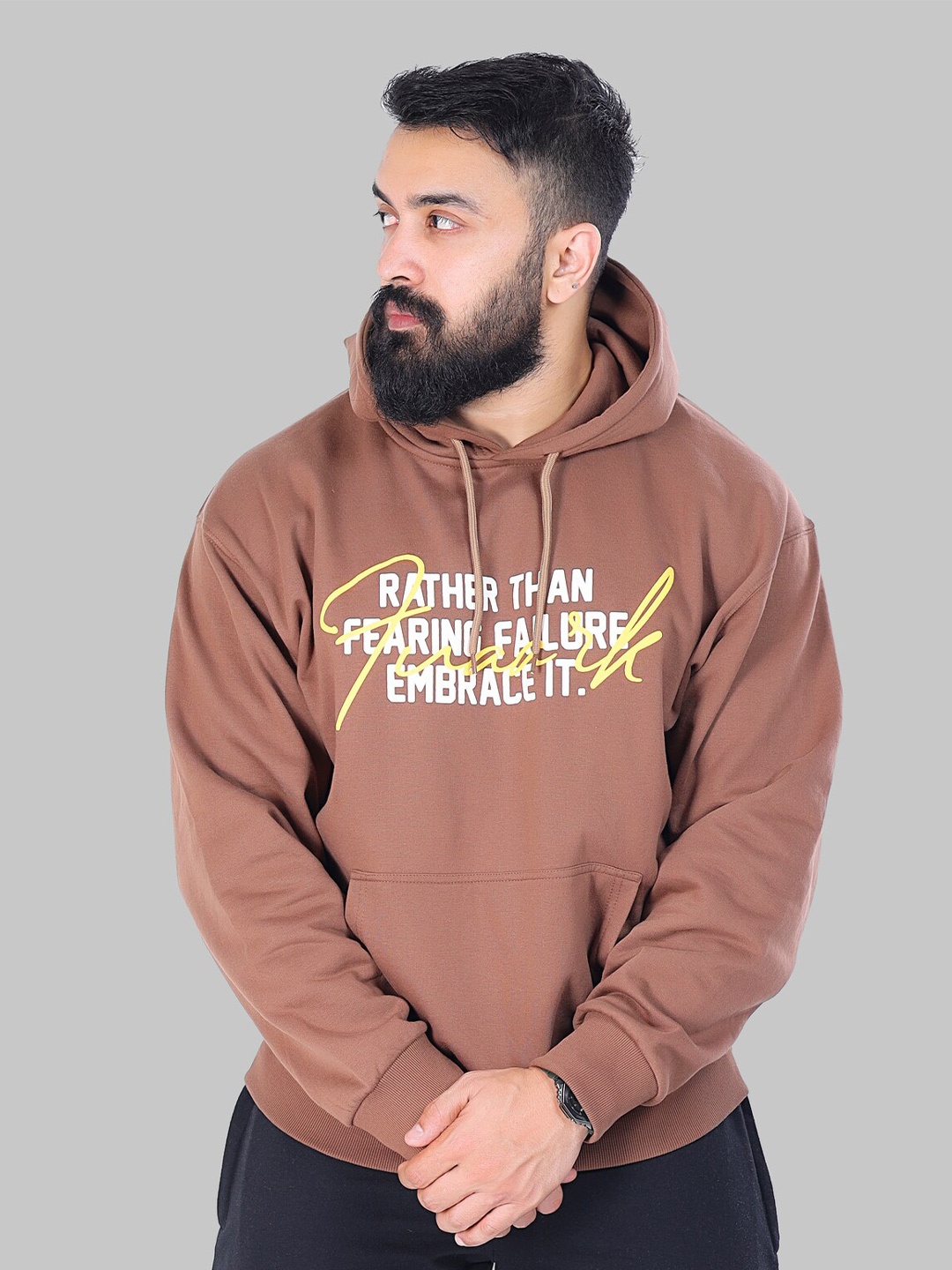 

FUAARK Typography Printed Hooded Cotton Sweatshirt, Brown